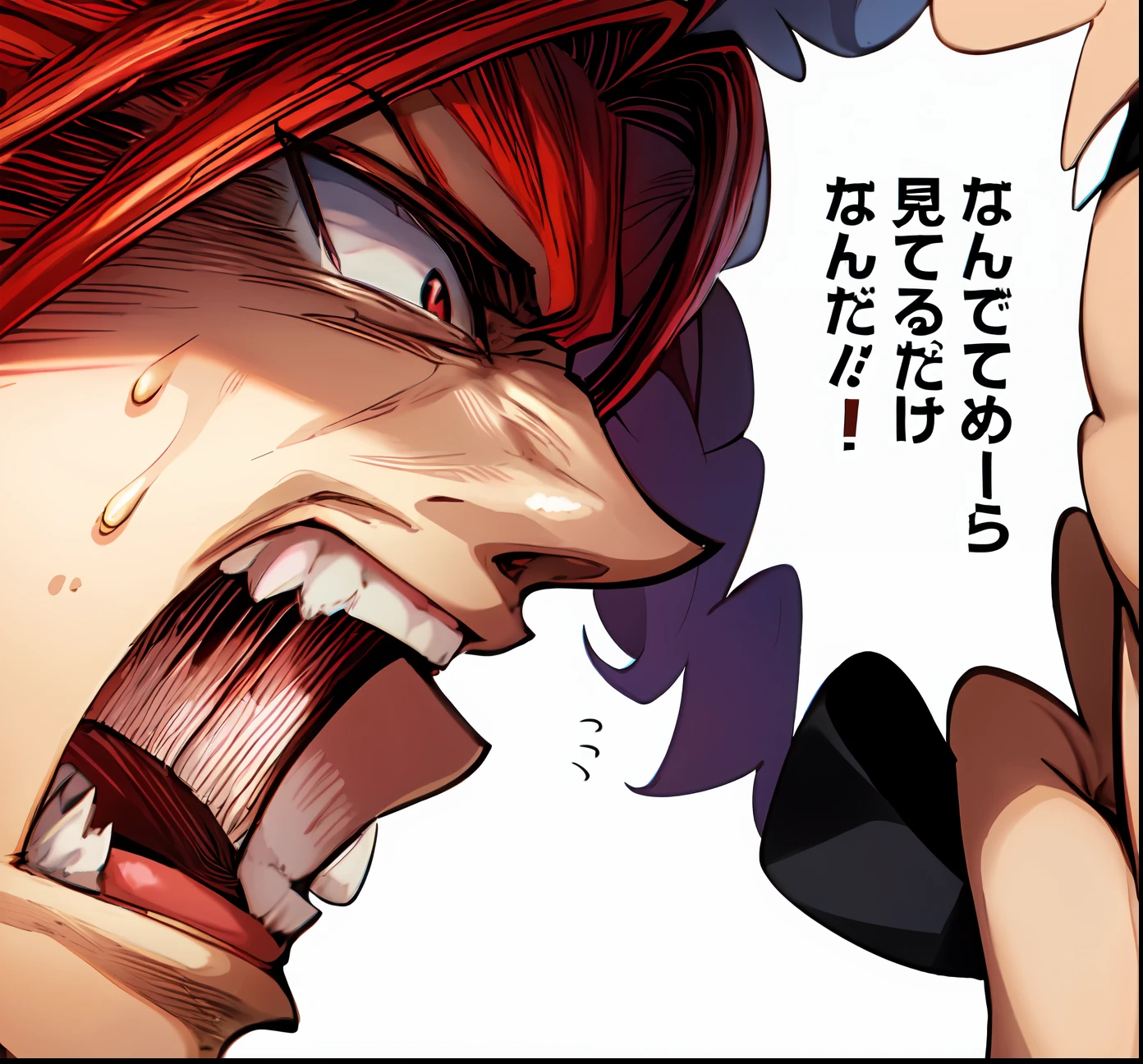 a anime of a man manga, from side view, side view, crimson hair color, mad, close up, open mouth, sweatdrop, text manga, color manga, manga color, color manga, color manga panel, simple background, a white background