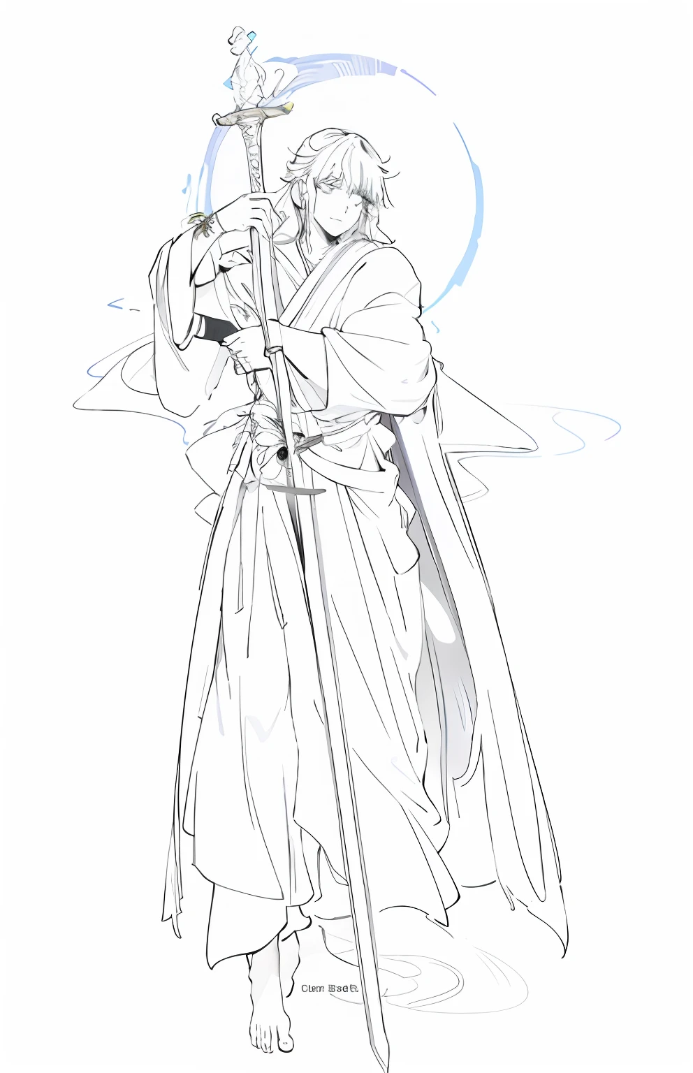 A painting of a man in a white robe holding a sword, clean lineart, lineart behance hd, perfect lineart, flowing hair and long robes, thin young male alchemist, linear art, beautiful line art, bold lineart, Simple lines of art, clean lineart and color, wearing a long flowing robe, clean lineart and flat color, official character illustration