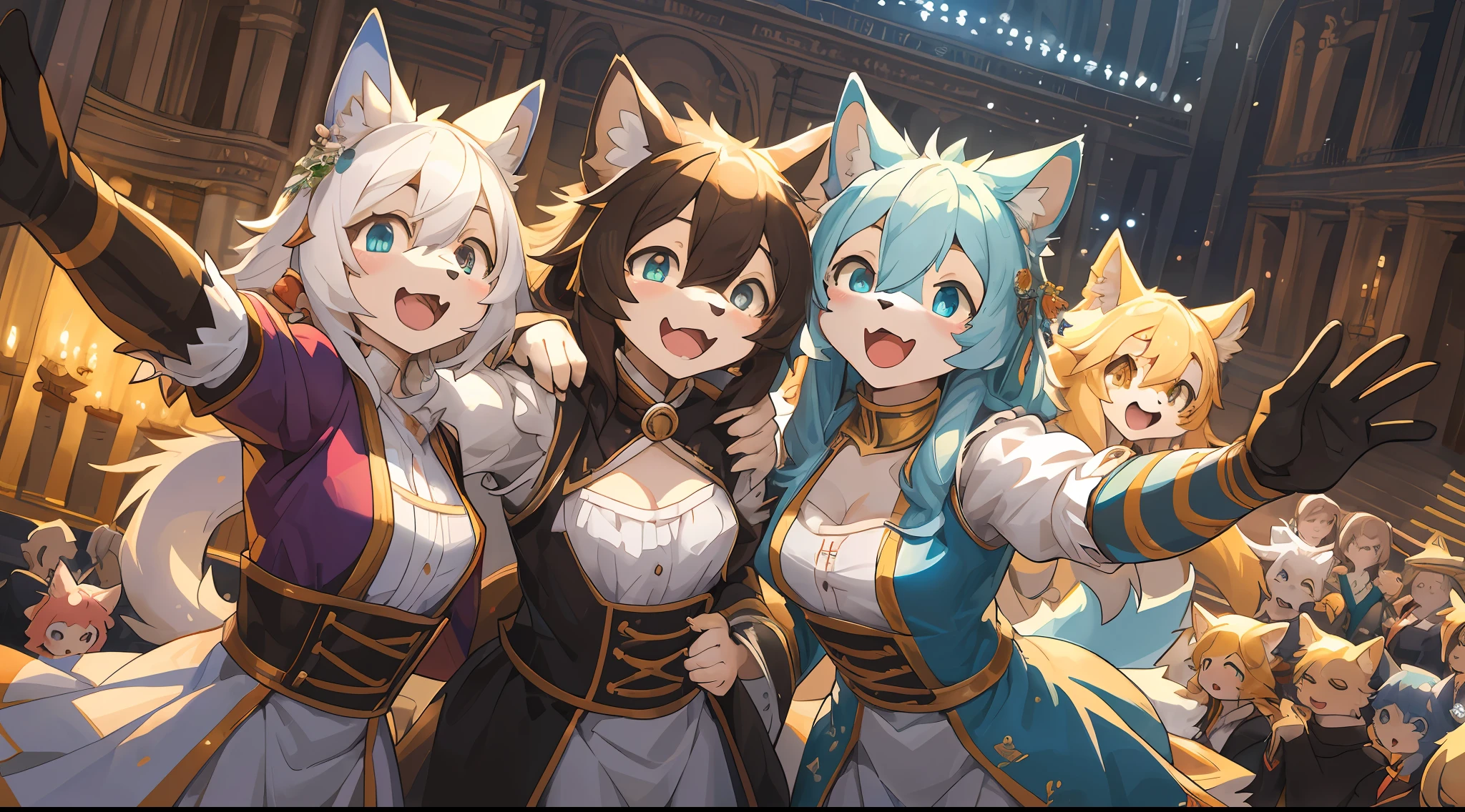 top quality, best quality, High-quality illustrations, masterpiece, super high resolution, detailed background, detailed background, opera, Musical drama, opera, stage, group shot:0.1, 6+boys, 6+girls, Happy, joyful, absurdres(highly detailed beautiful face and eyes)perfect anatomy(kemono, furry anthro)selfie:0.1,