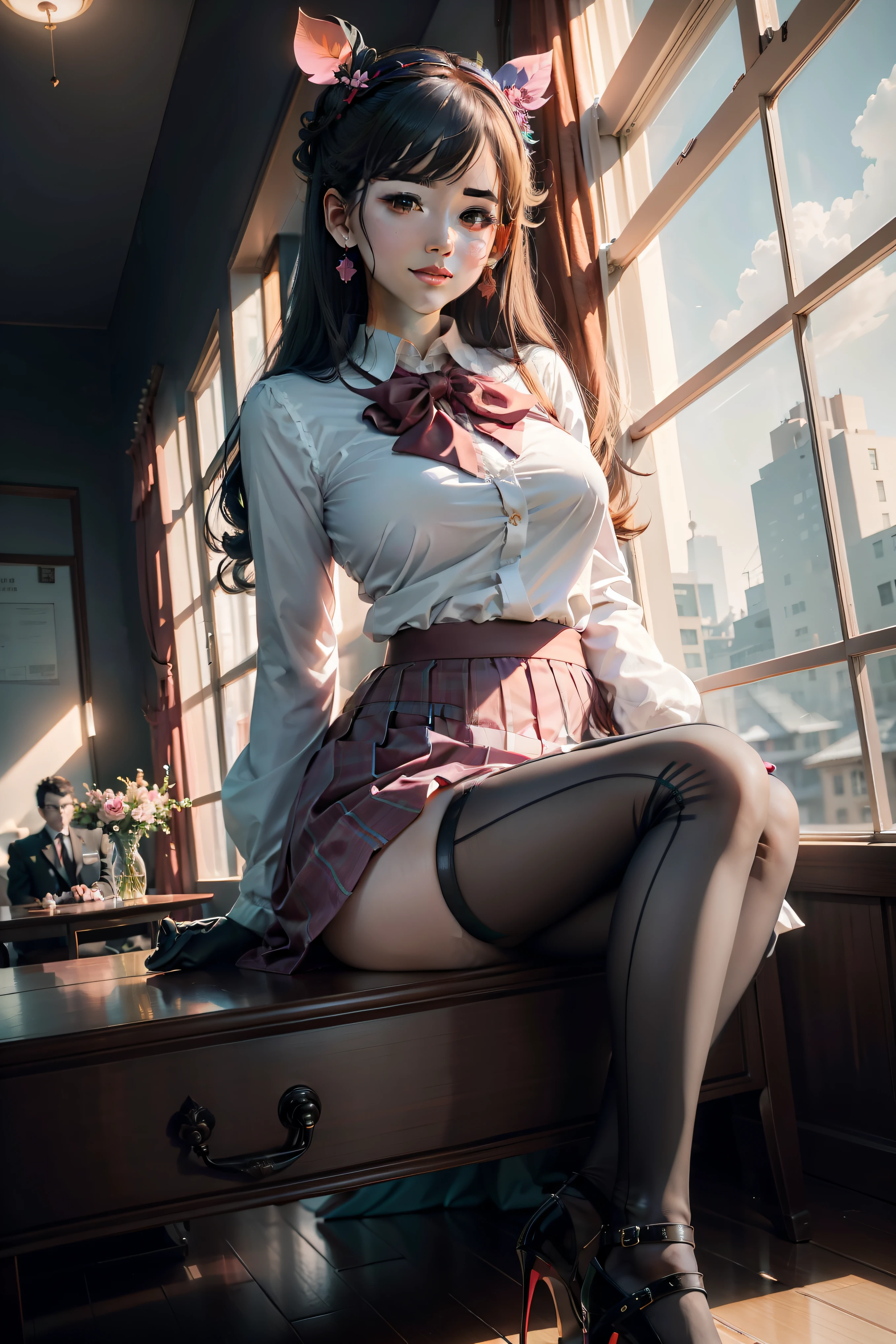 (In pink/amarelo/green color/blue colors/red colour/White Japanese school uniform attire),(Estampados florales),(Pink big breasts/amarelo/green color/blue colors/red colour/white colors/Black short 3 skirt),Must be a full-body image, There must be only one person in the whole picture, All high heels must be displayed in their entirety, The entire leg must be displayed in its entirety, Extra-long gloves must be worn, Must wear extra-long socks, High heels must be worn, It is forbidden to appear men, hearts in eyes, Seductive smile, Crystal earrings, forehead jewel, lolitahairband, Hairline, Ray tracing, From below, Chiaroscuro, Cinematic lighting, High detail, tachi-e, hyper HD, Masterpiece, ccurate, Anatomically correct, Super detail, Textured skin, High details, High quality, Best quality, A high resolution, 16k