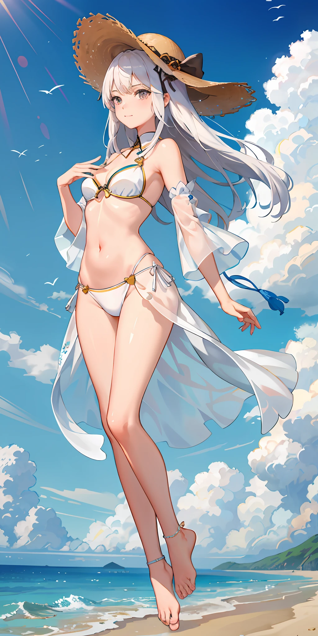 A girl,比基尼,Open navel,three-point style,sexy for,White hair,White-haired girl,full body close-up shot,((比基尼)),folds,folds,folds,see-through sleeves,cropped shoulders,cropped shoulders,beach chair,fully body photo,((There are a lot of people on the beach)),the detail,Straw Hat Hat,ellegance,the detail,ellegance,spray,There are hands and feet,immensity,Full body photo,Hazy,Skysky,the detail,ellegance,There are hands and feet,immensity,baiyun,Hazy,the detail,Kizi,Skysky,the detail,ellegance,There are hands and feet,baiyun,Hazy,the detail,The face is clear