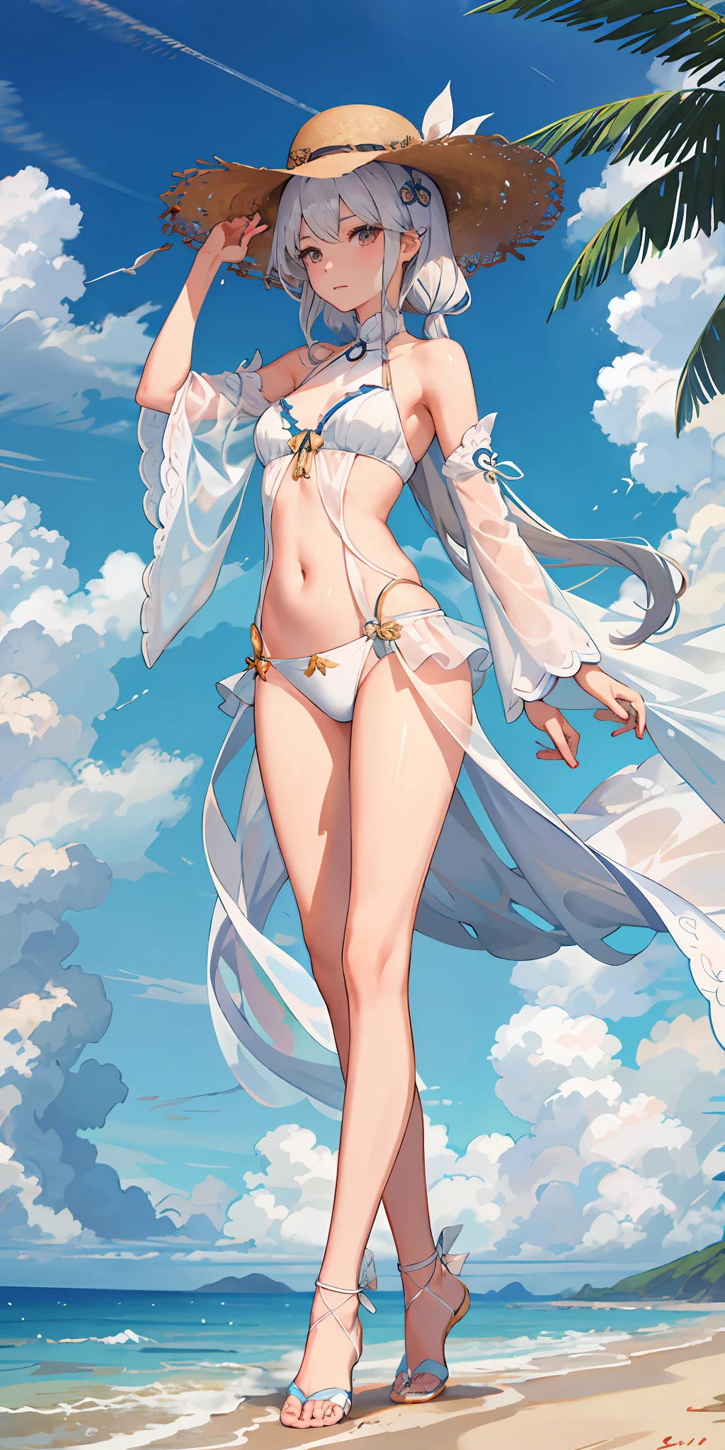 A girl，比基尼，Open navel，three-point style，sexy for，White hair，White-haired girl，full body close-up shot，（（比基尼）），folds，folds，folds，see-through sleeves，cropped shoulders，cropped shoulders，beach chair，fully body photo，（（There are a lot of people on the beach）），the detail，Straw Hat Hat，ellegance，the detail，ellegance，spray，There are hands and feet，immensity，Full body photo，Hazy，Skysky，the detail，ellegance，There are hands and feet，immensity，baiyun，Hazy，the detail，Kizi，Skysky，the detail，ellegance，There are hands and feet，baiyun，Hazy，the detail，The face is clear