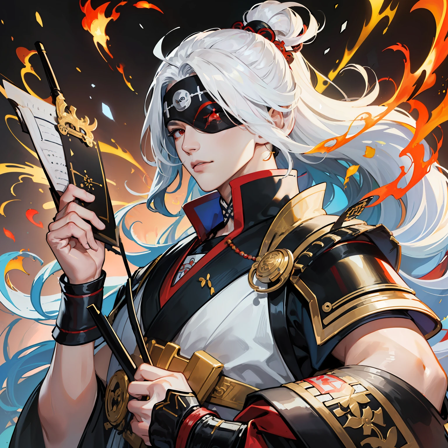 (Golden ratio:1.2),[(White background:1.4)::10],(Masterpiece), (Best quality), (Ultra detailed),(Disheveled hair),(illustration)(细腻细致), (Intricate details), (Cinematic light, 最优质的背光), 清晰的线条, From below, 独奏，perfect bodies，(1人),silber hair,Hairstyle short,Red eyes,(Middle-aged uncle:1.3),(/The left eye is covered by a pirate blindfold:1.2/),Wide forehead,(Handsome Japanese samurai costume:1.3)+(Red samurai armor:1.3)+//(It can be felt that he is Date Masamune in Sengoku Basara:1.4//),(Colorful flames:1.3), (chaotic geometric images:1.3),(nagative space:0.8),(Drawing board:1.3), (ether colorful ink flowing:1.3),hyper HD, retinas, Anatomically correct, Textured skin, Super detail, Best quality, A high resolution