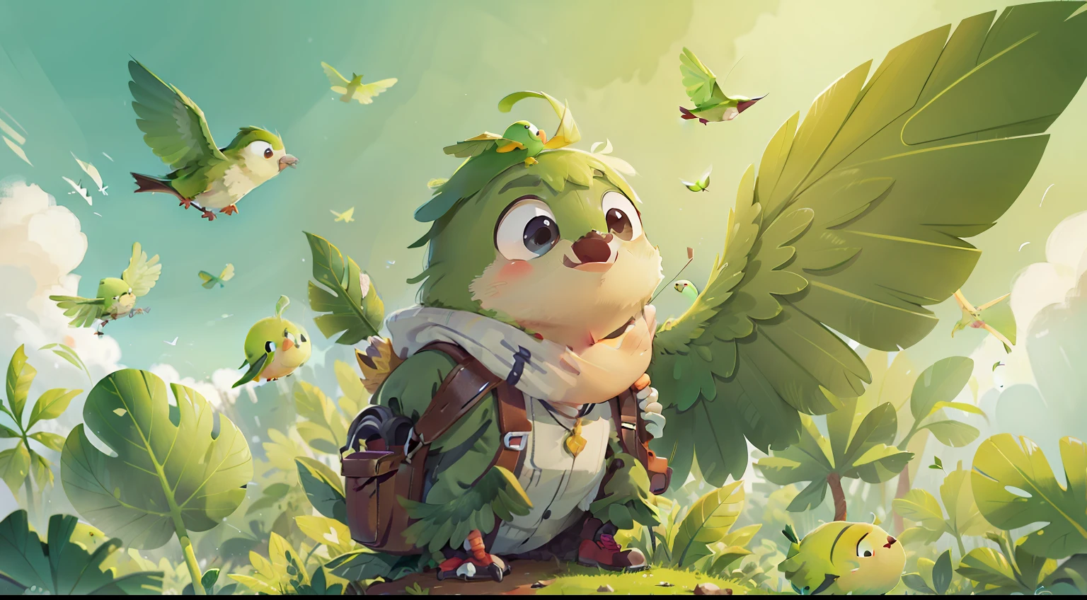 A small green bird flies in the sky
