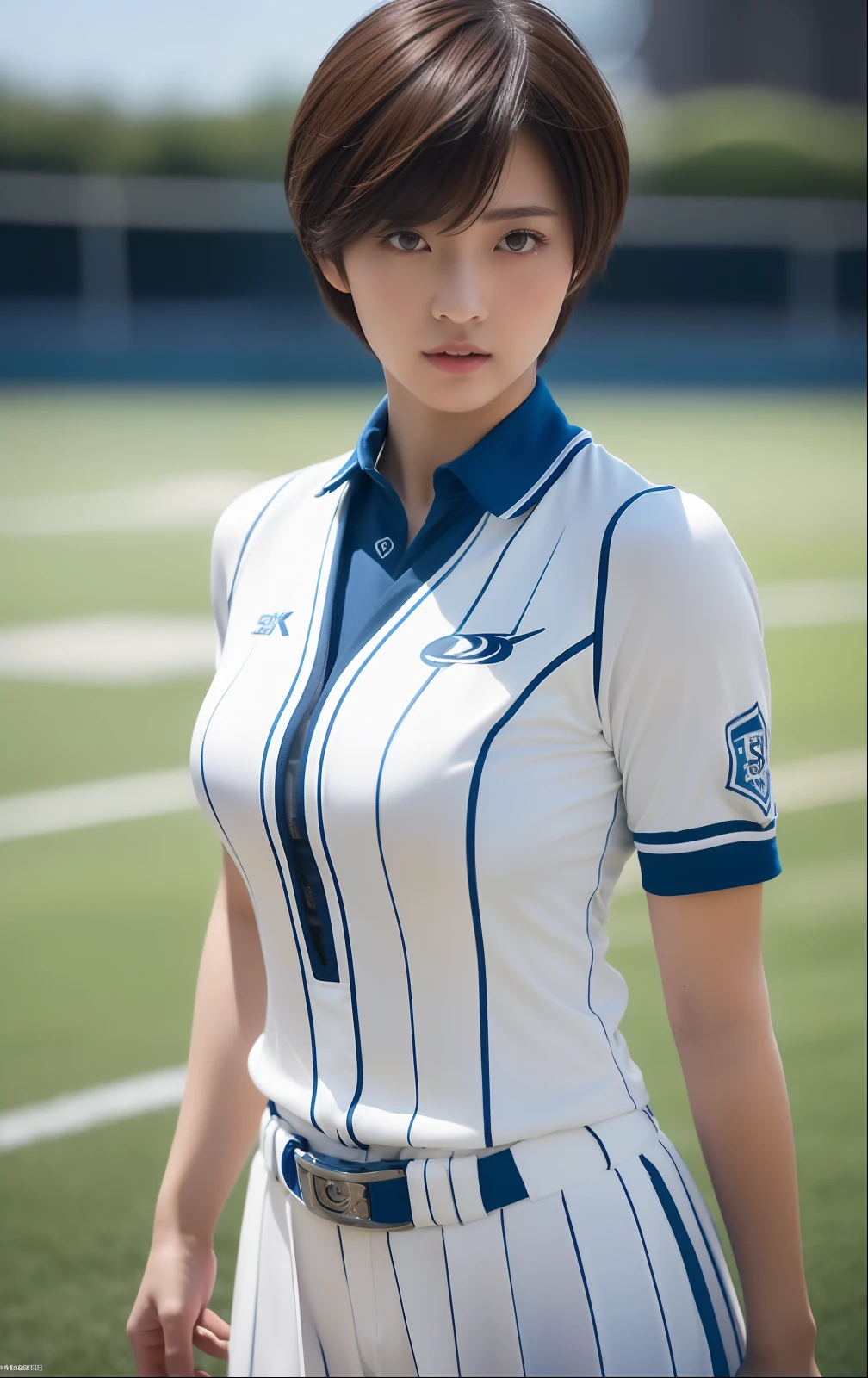 Short-cut hairstyles、(​masterpiece、top-quality:1.3)、(Ultra Detailed 8K CG:1.2)、(A hyper-realistic:1.35)、(Photorealsitic:1.45)、(realisitic:1.4)、(athletic field:1.3)、Sexy Athletics Uniform、1 beautiful Japanese girl、22year old、super model、a gorgeous、Japanese ido、__expression__、(Large curvy Breasts)、reflective light、medium shot