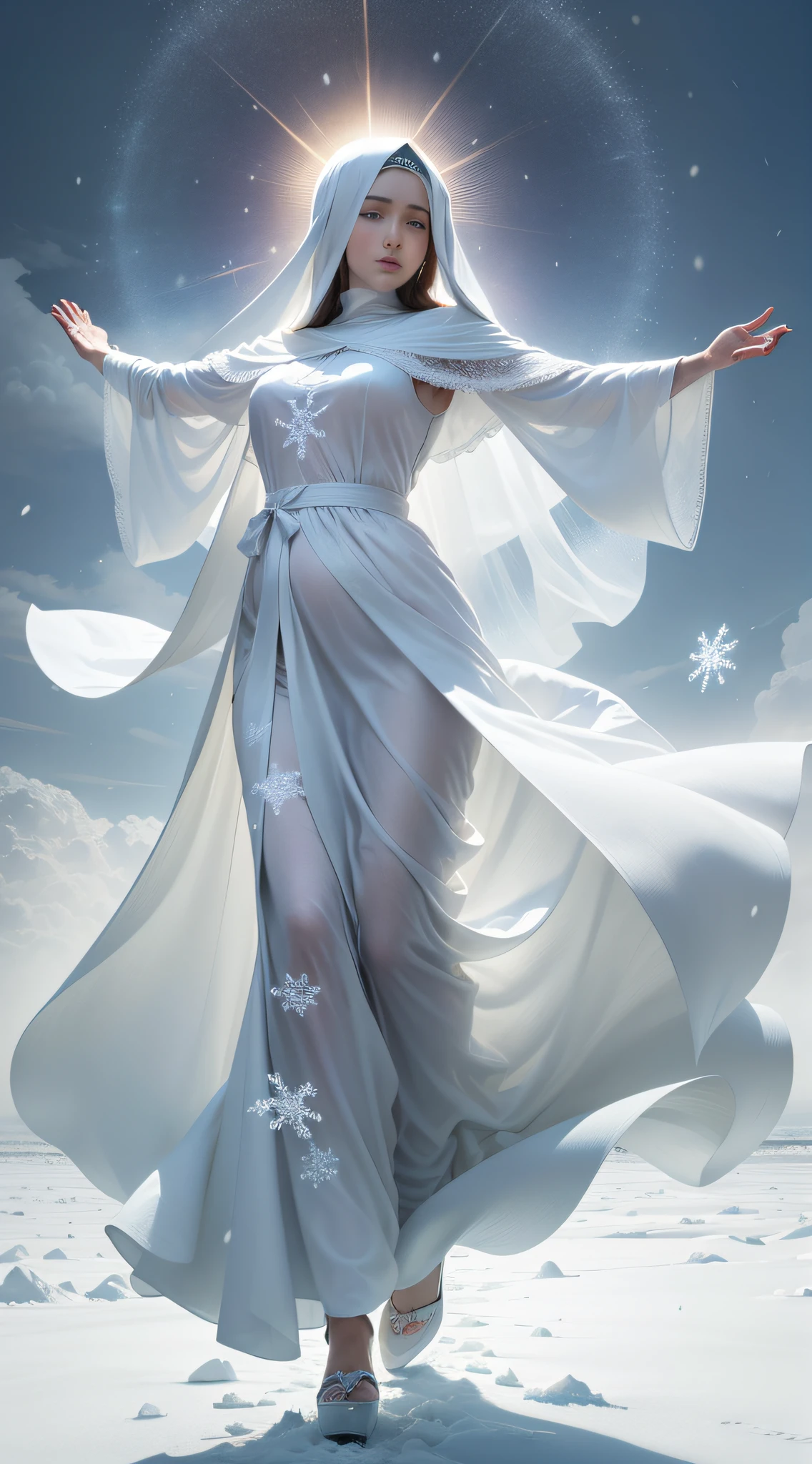 Virgin Mary Mother of Jesus with full body (((sozinha na imagem ))) (((de corpo inteiro)))dressed in a beautiful white cloak and a white veil with a halo of rays of light coming out of her head raising her arms against the backdrop of a landscape of falling snowflakes and ice crystals