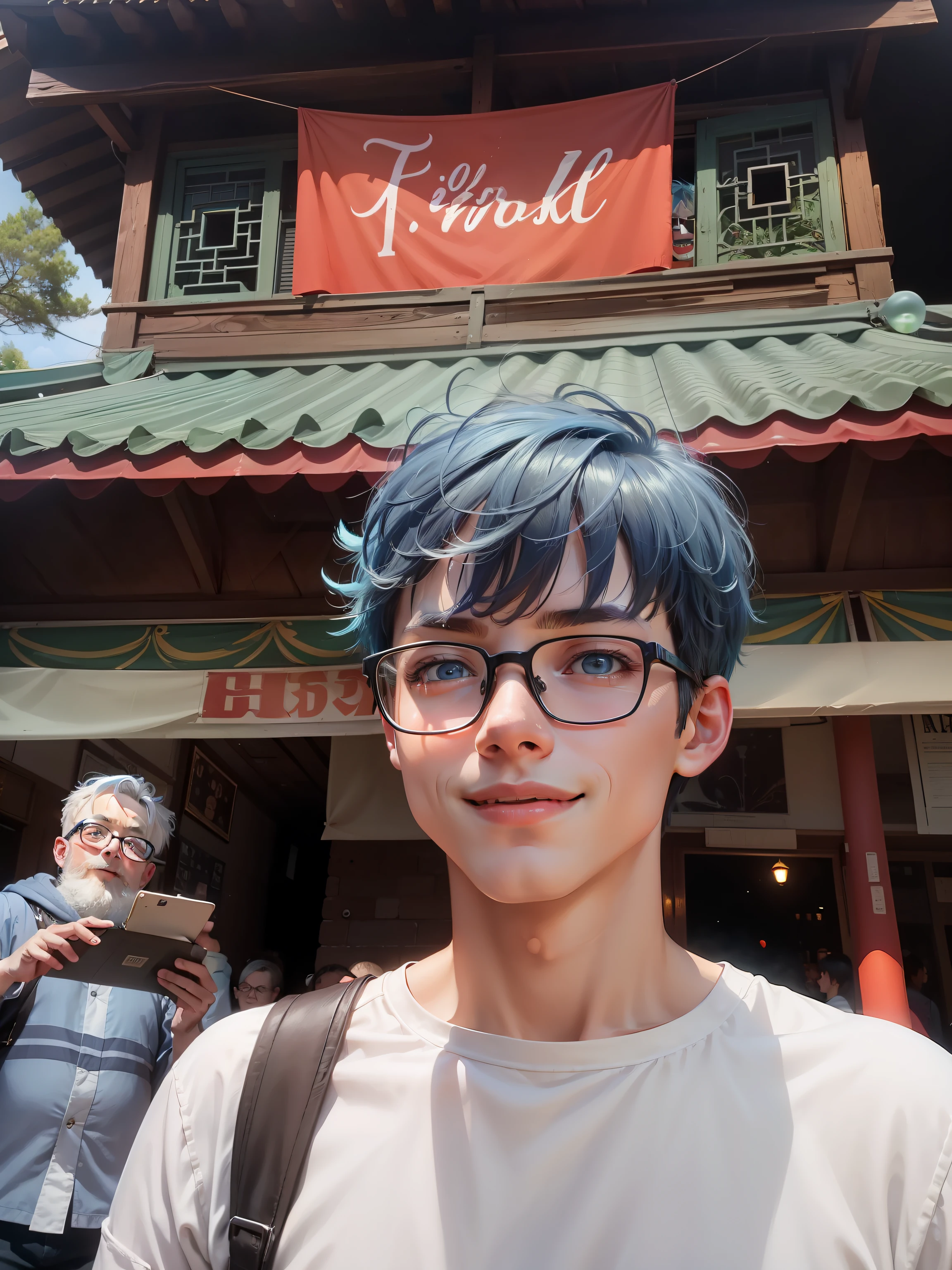 A boy,zoo,Many balloons,cheerfulness,rejoice,Perfect quality,blue hairs,Red clothes,Fine-rimmed glasses, (tmasterpiece:1.2) (realisticlying:1.2) (bokeh) (best qualtiy) (detailedskin:1.3) (complexdetails) (8K) (detailedeyes) (Sharp focus),(having fun)