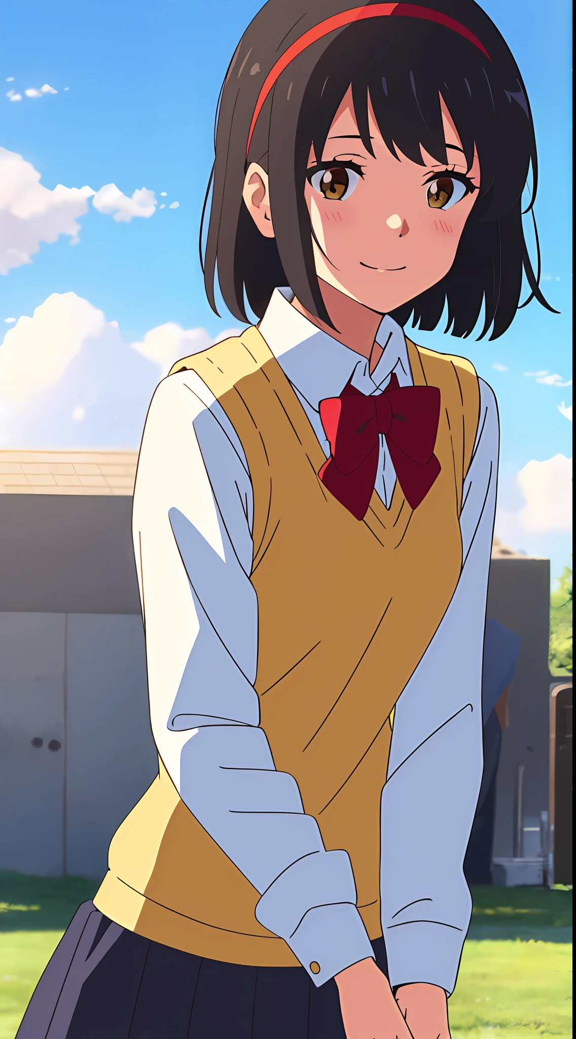 shinkai makoto, kimi no na wa., 1girl, bangs, black hair, blue sky, blush, bow, brown eyes, cloud, collared shirt, headband, looking at the audience, Negative Space, Outdoors, red bow, red bow, red headband, red ribbon, Ribbon, school uniform, shirt, short hair, sky, smile, solo, sweater vest, upper body, vest, white shirt, yellow sweater vest, yellow vest, skirt, blue skirt