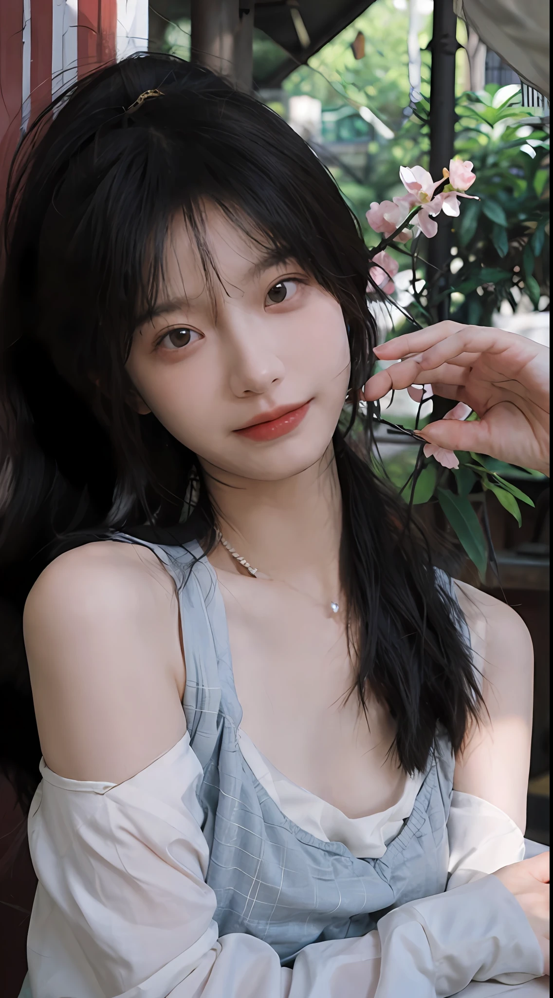 best qualtiy, 超高分辨率, (realisticlying:1.4), Issuing,Baoyu Girl, High ponytail,A pair of clear and moving peach blossom eyes,Royal Sister,校服,sunshine on face,Scroll,(School playground:1.4),(choker necklace:1.2),(Fair skin:1.9),(full bodyesbian:1.2)a sense of atmosphere,a beauty girl, ssmile,head straight-looking at viewer, closeup cleavage ,(Photorealistic:1.4),1girll,Sexy,(Upper body:1.4),(Wet body),(:1.2)