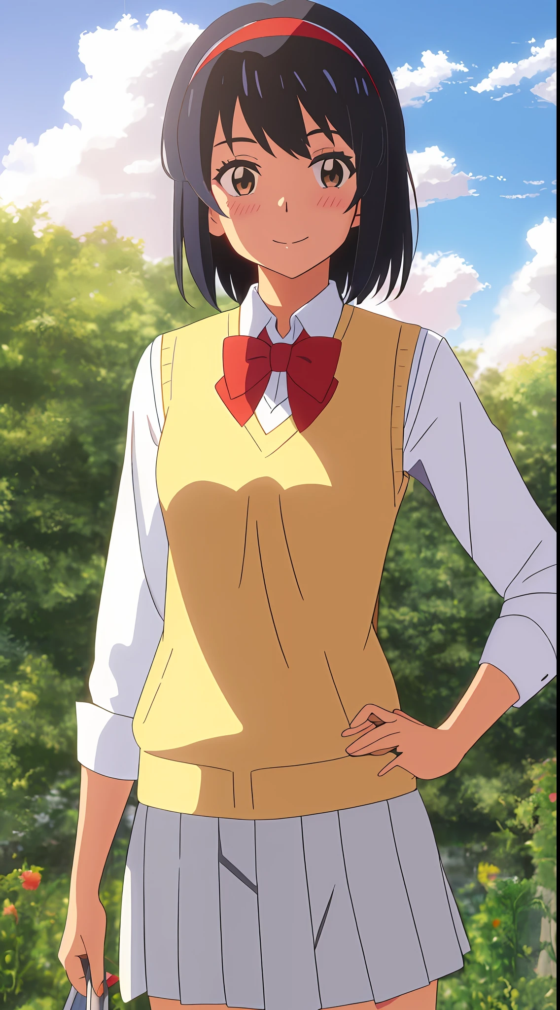shinkai makoto, kimi no na wa., 1girl, bangs, black hair, blue sky, blush, bow, brown eyes, cloud, collared shirt, headband, looking at the audience, Negative Space, Outdoors, red bow, red bow, red headband, red ribbon, Ribbon, school uniform, shirt, short hair, sky, smile, solo, sweater vest, upper body, vest, white shirt, yellow sweater vest, yellow vest