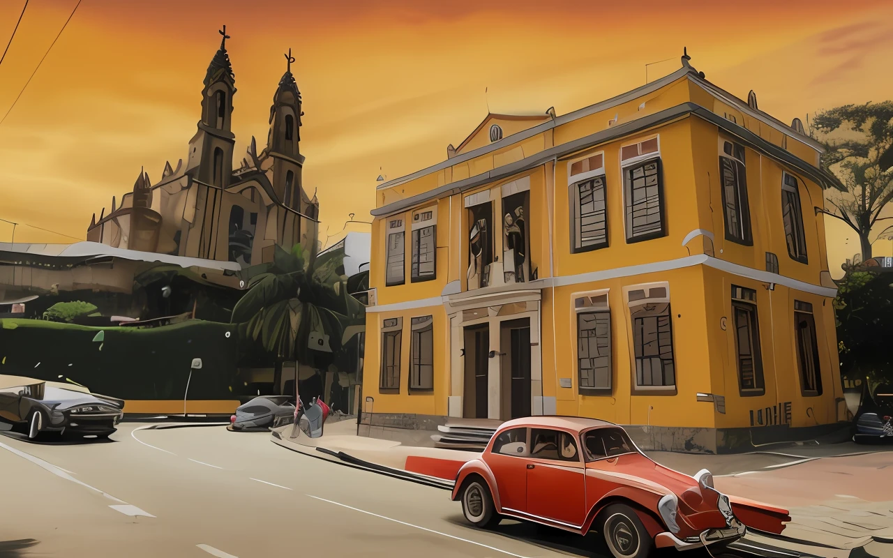 Cars are parked on the side of the road in front of a yellow building, Rua da Era Colonial, cuban setting, historical setting, Ruas de Salvador, Directed by: Victor Meirelles, in a city with a rich history, salvador, Colombia in the 60s, lindo dia ensolarado, Colombia, Directed by: CeFerí Olivé, Casa colonial no fundo, Colombiano