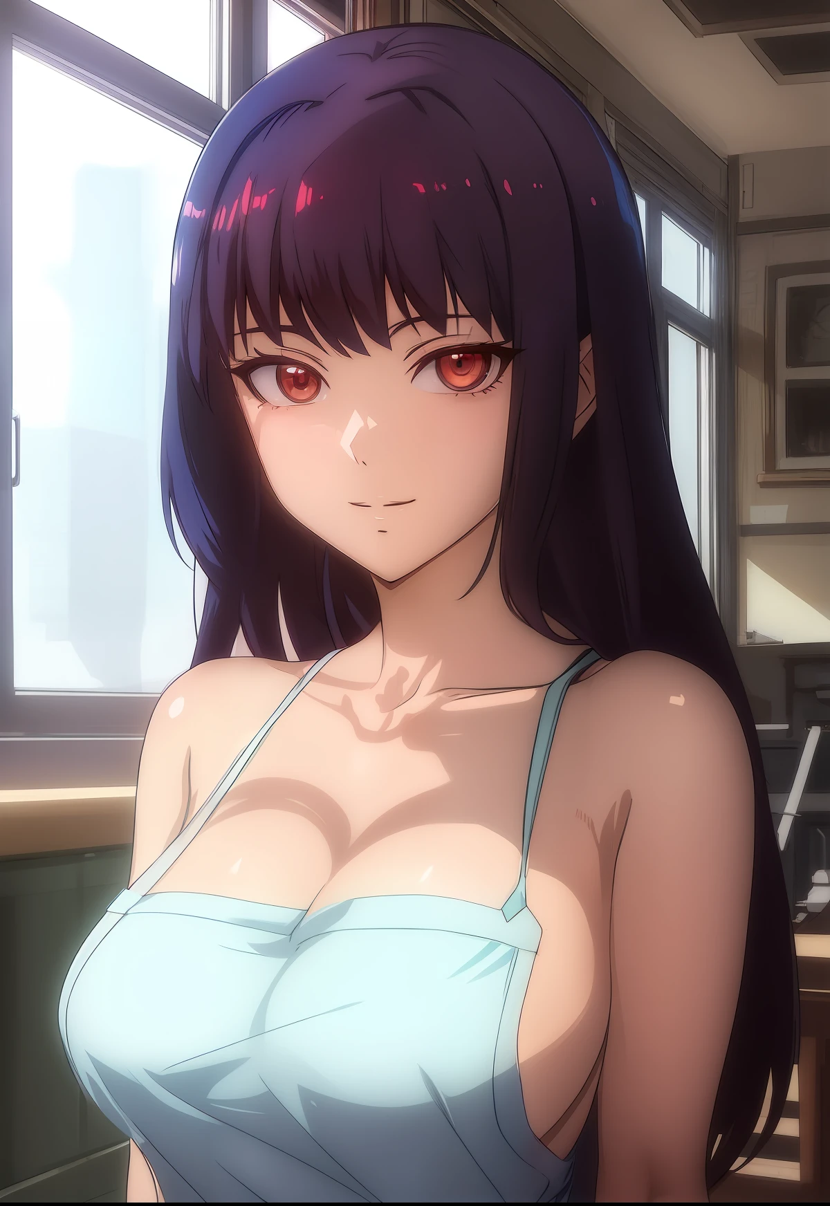 a woman in a blue dress with red eyes standing in front of a window, anime sedutora, anime moe artstyle, menina atraente, anime melhor garota, sorriso sensual, biomechanical oppai, Ilya Kuvshinov com cabelo longo, hinata hyuga, mulher bonita sedutora do anime, Anime Waifu, pintado em anime painter studio