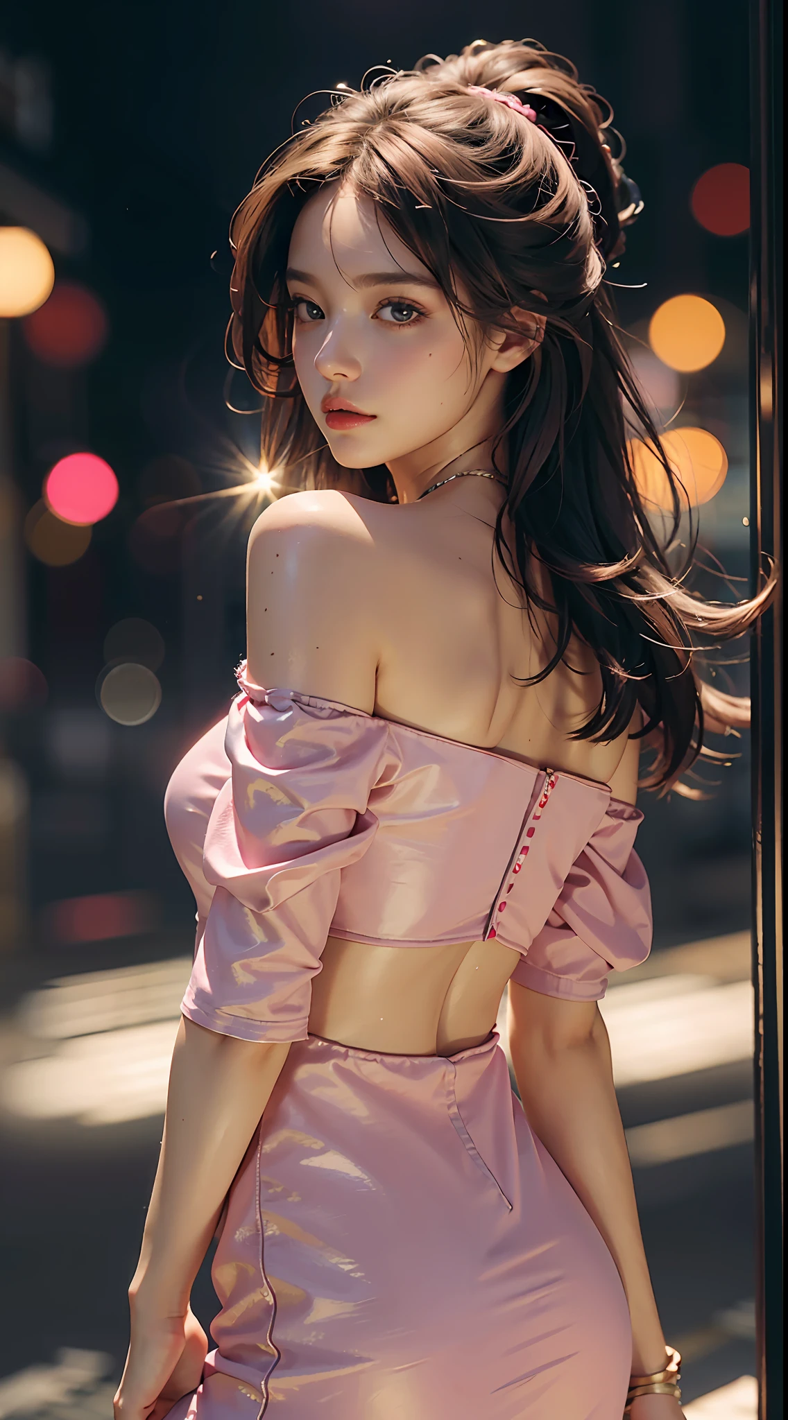 Best Quality, Masterpiece, Ultra High Resolution, (Realisticity: 1.4), Original Photo, 1girl, Pink Off-the-Shoulder, Cinematic Lighting