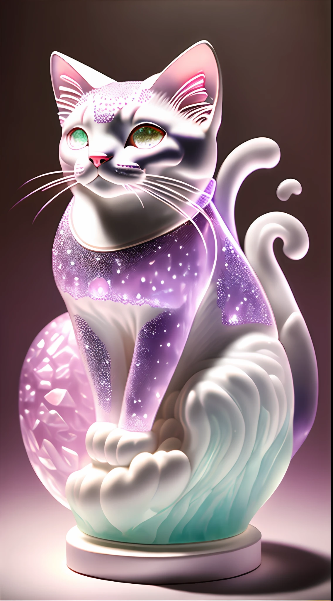 "The mid-career multiverse" Highly detailed cat carving "Southern Ice Cat" porcelain, Partially glazed, firewood, Art gallery，catss，laughingly，Funny，glittery，Clear crystal light pink