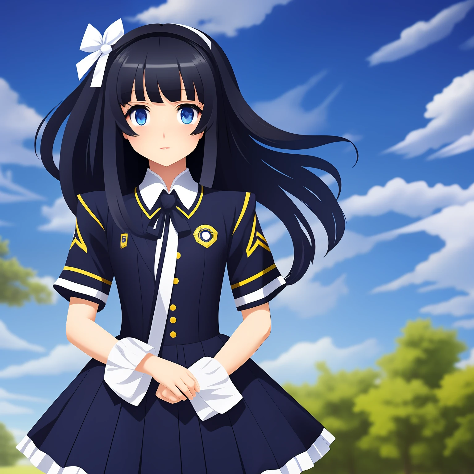 Isolated on white background、Imagine a standing picture in the game。The whole body is displayed、It is a standing position alone。In the atmosphere of a novel game、She is a high school girl with black hair, innocence, and a dark blue uniform.。