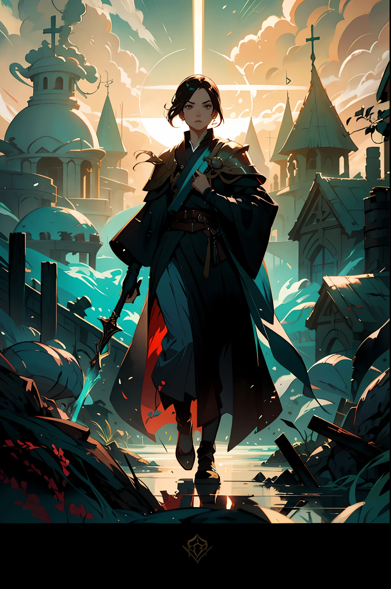 um close up de uma pessoa segurando uma espada em um campo, Artgerm e Atey Ghailan, No estilo de arte de Mohrbacher, Epic Fantasy Digital Art Style, illustration concept art, Concept Art Digital Illustration, Mohrbacher, pintado no estilo arcano, arte de fantasia digital 2d, Retrato de um mago feminino, epic exquisite character art