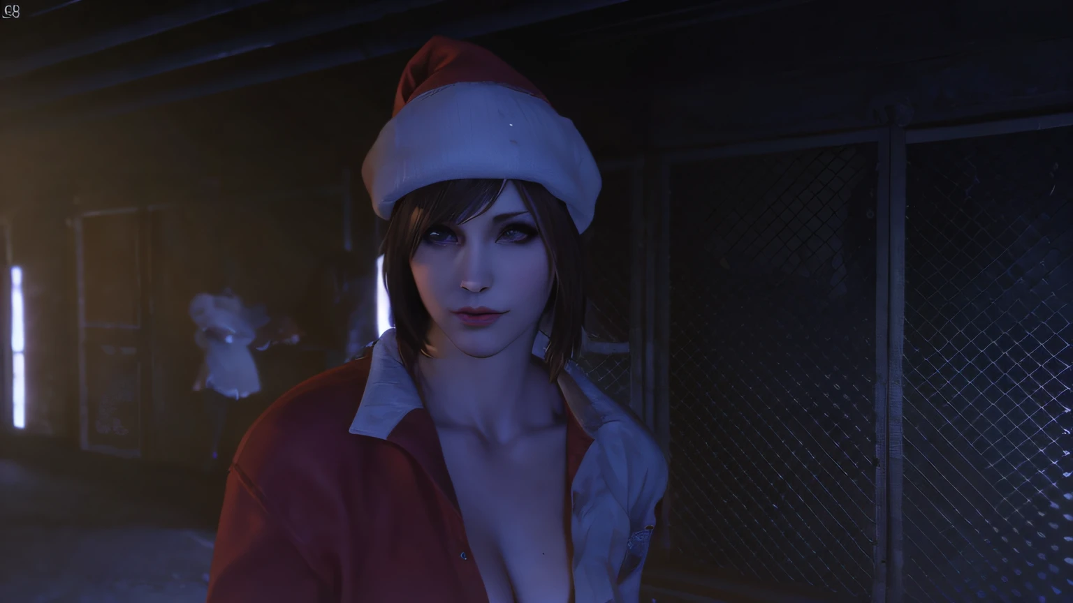 There's a woman in a Santa hat standing in a room, wearing a santa hat, renderizado em sfm, wearing santa hat, v do diabo pode chorar como um elfo, chloe price, Chloe Price de Life is Strange, Supermodelo em Silent Hill, Glamorosa Jill Valentine, Faye Valentim, in-game cinematic, cinematic close-up of bust, cinematic soft lighting