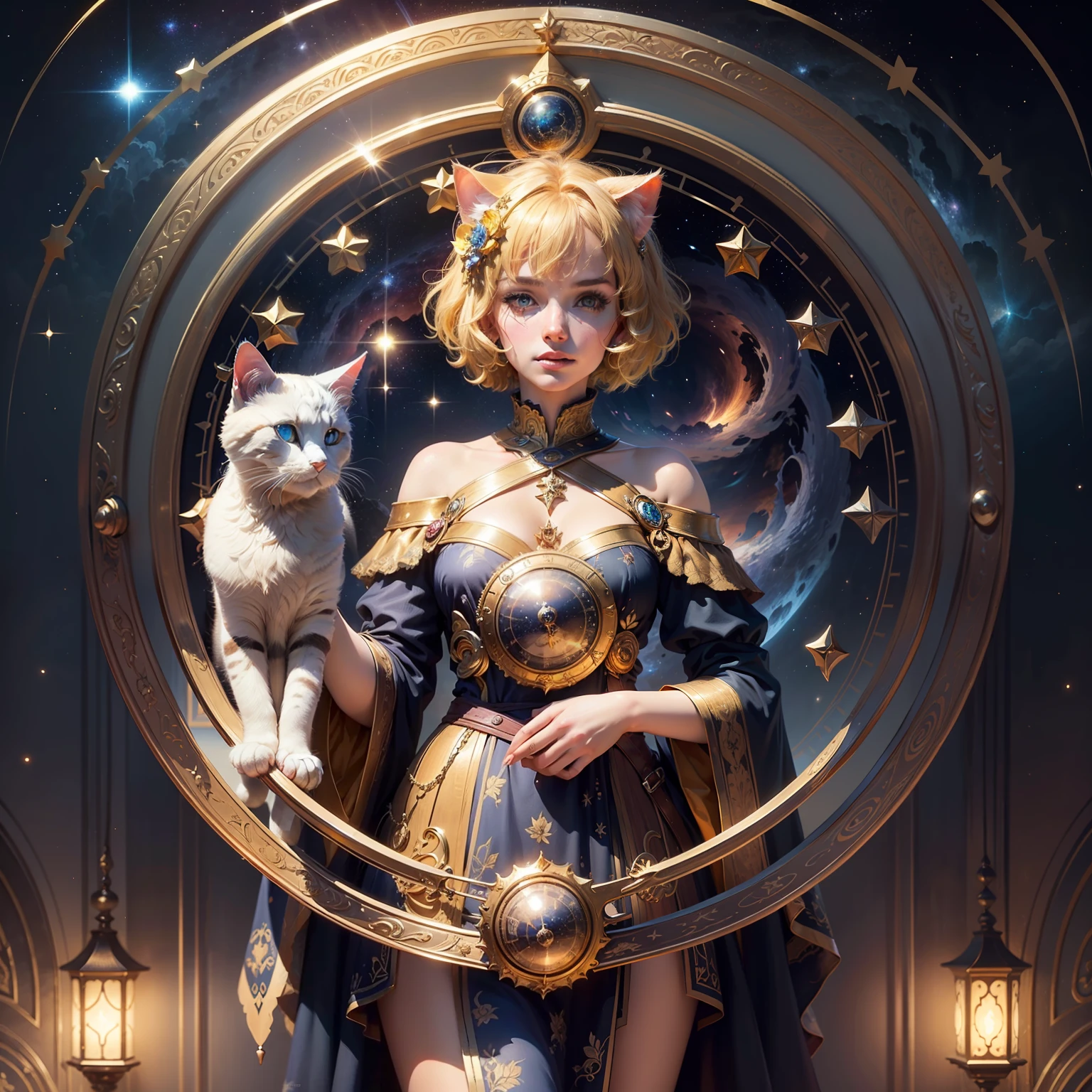 Realistic, (Masterpiece, Top Quality, Best Quality, Official Art, Beautiful and Aesthetic: 1.2), Very Detailed, Fractal Art, Colorful, Most Detailed, Leo, (Abstract Background: 1.5) (1girl: 1.3), (Cat class), yellow hair, bright eyes, earnest, combed back, short hair, , milky way, huge magical gold Leo astrolabe,dream,fantasy, gold trim,beautiful detailed sky,Style and Decoration for Leo, leo goddess,(nsfw:0.8)
delicate refective and high glass guardrail board