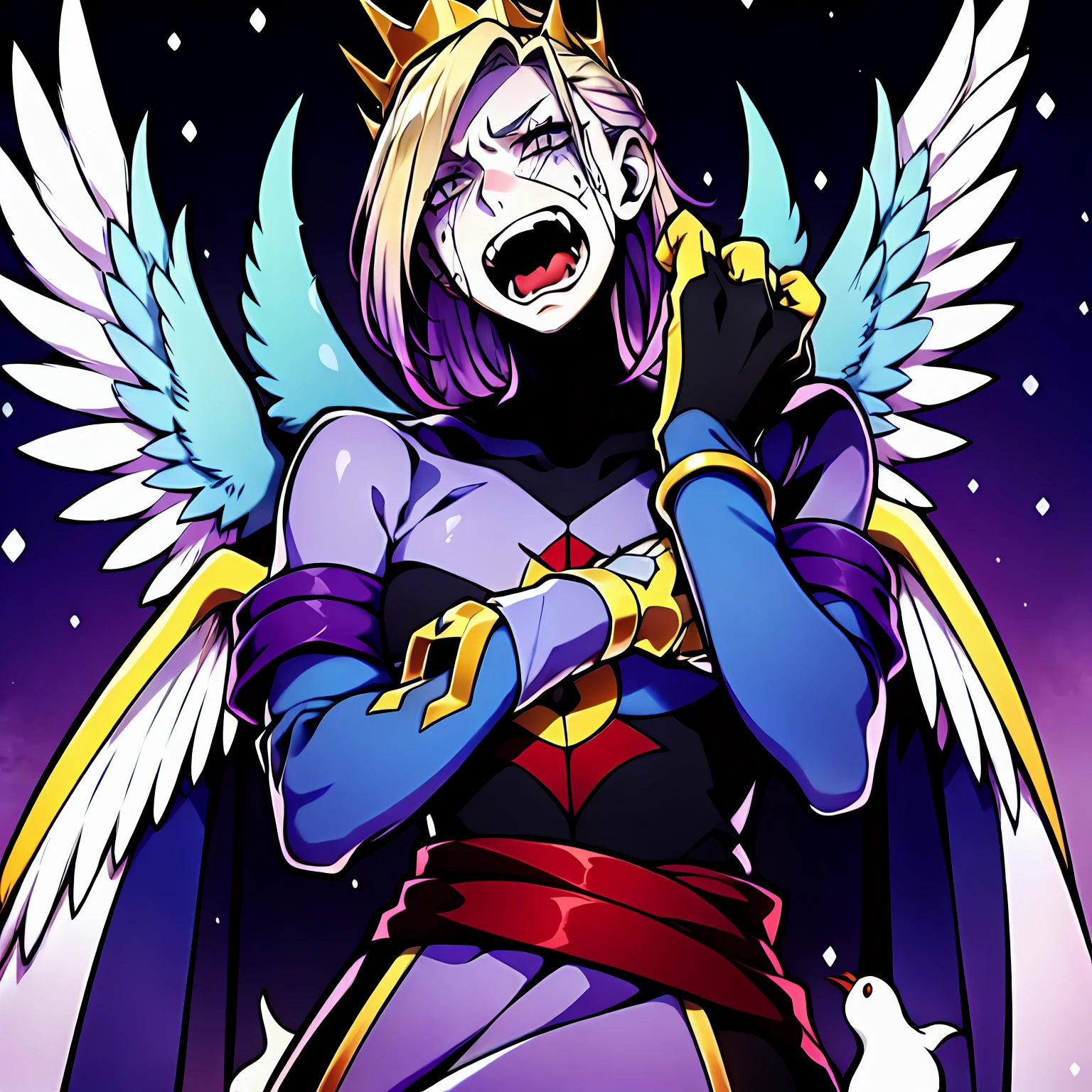 digimon \(creature\),masterpiece, best quality, Beautiful Art Style, 1boy, Solo,young man, ((Vil Schoenheit as a Digimon)), ((Evil queen from Snow White themed )),((Glass Wings)), ((Bird like)),((Purple Skin)),(( Blonde hair with a purple gradient))((White , Purple and Light blue color scheme)), Dynamic pose, Mid transformation sequence , pose(in pain , Anguish, Resistance), expression:((Screaming, Hurt, Shock)) Dark Engery
