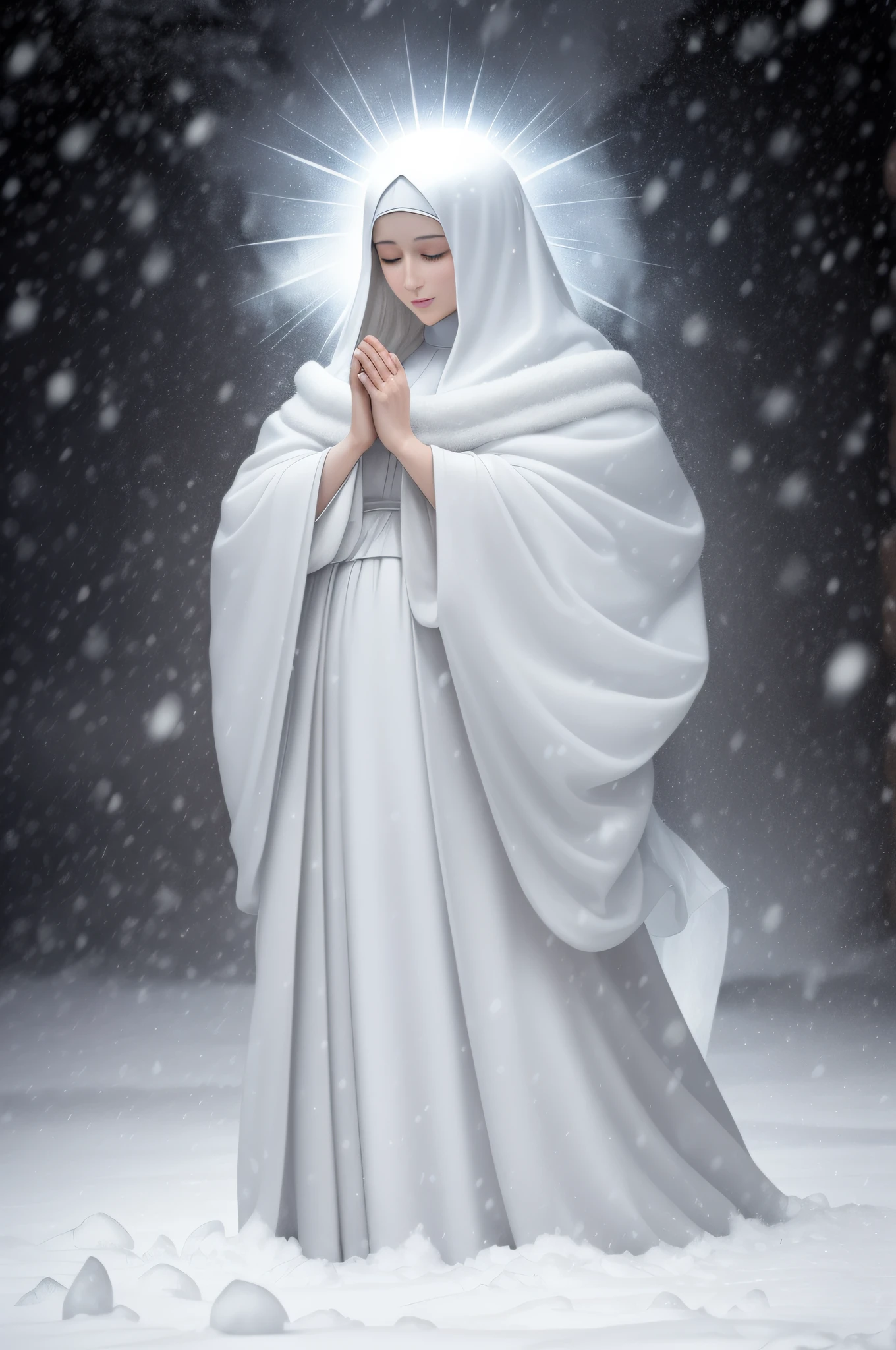 Virgin Mary Mother of Jesus with full body(((sozinha na imagem))) with a beautiful white cloak and a white veil with an ice crystal shaped halo shining behind his head arms raised down against a backdrop of snow with ice flakes falling to the ground a lot of snow