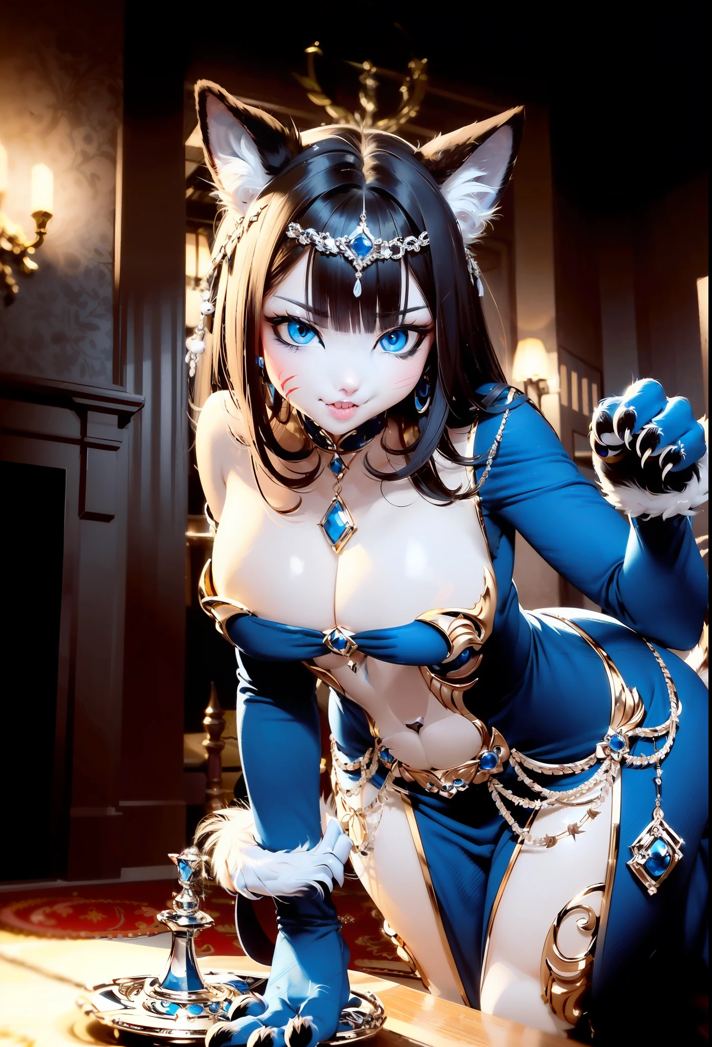 Cute beast with round face,Fleshy claws,Fleshy foot claws,Big blue eyes,The face has a light blue-white pattern,furry tail,Naughty personality,Very cute pose