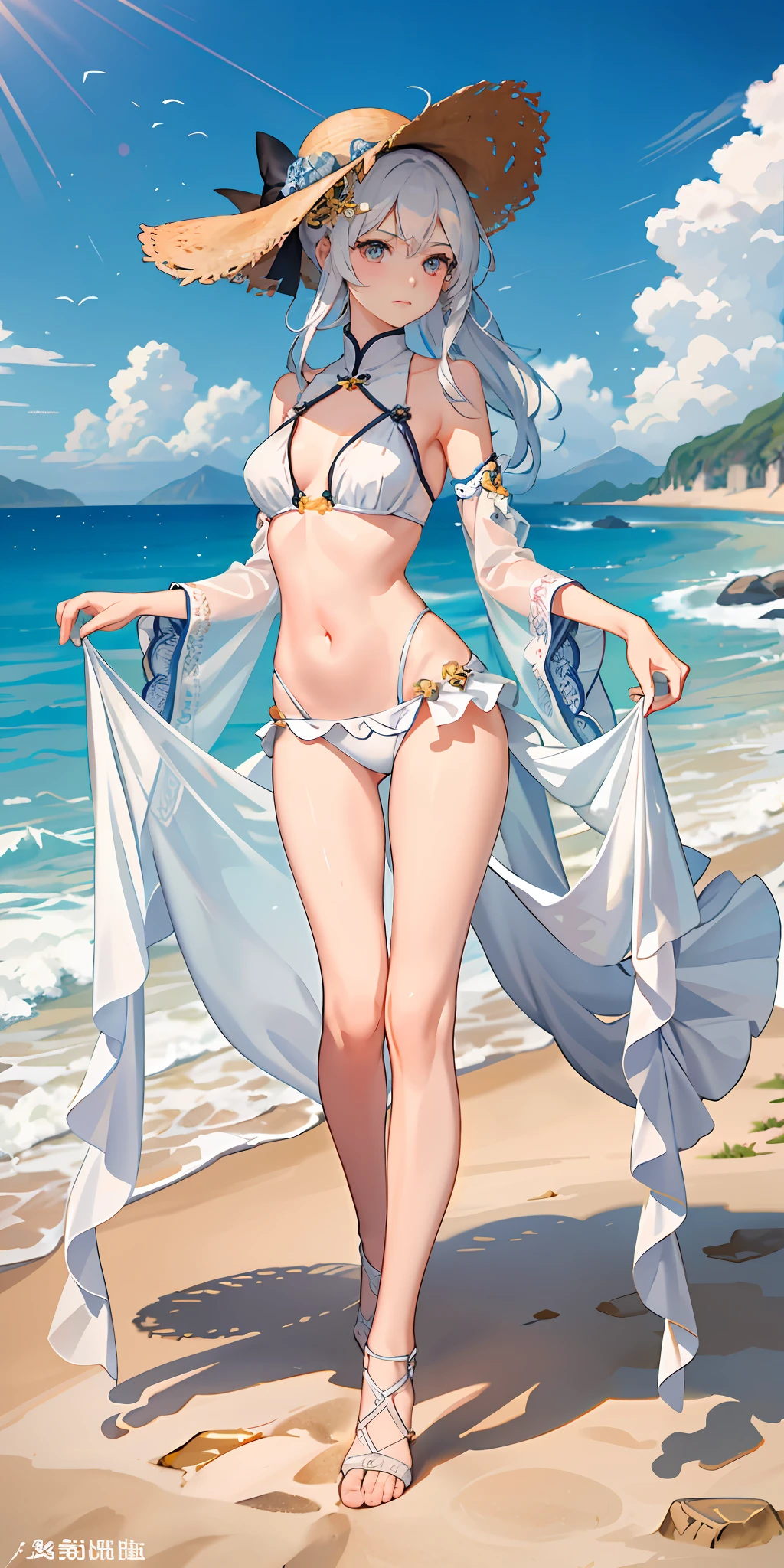 A girl，比基尼，Open navel，three-point style，sexy for，White hair，White-haired girl，full body close-up shot，（（比基尼）），folds，folds，folds，see-through sleeves，cropped shoulders，cropped shoulders，beach chair，fully body photo，（（There are a lot of people on the beach）），the detail，Straw Hat Hat，ellegance，the detail，ellegance，spray，There are hands and feet，immensity，Full body photo，Hazy，Skysky，the detail，ellegance，There are hands and feet，immensity，baiyun，Hazy，the detail，Kizi，Skysky，the detail，ellegance，There are hands and feet，baiyun，Hazy，the detail，The face is clear