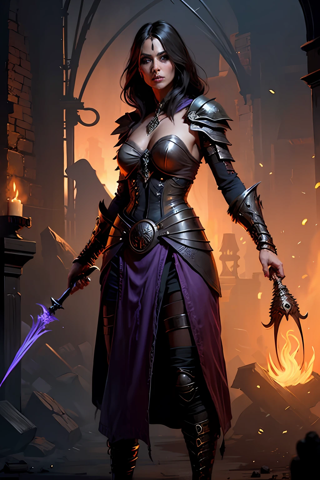 A 1female Sorceress standing in front, Olhando para o Viewer, Magician's staff in his hand, no estilo de D14bl0