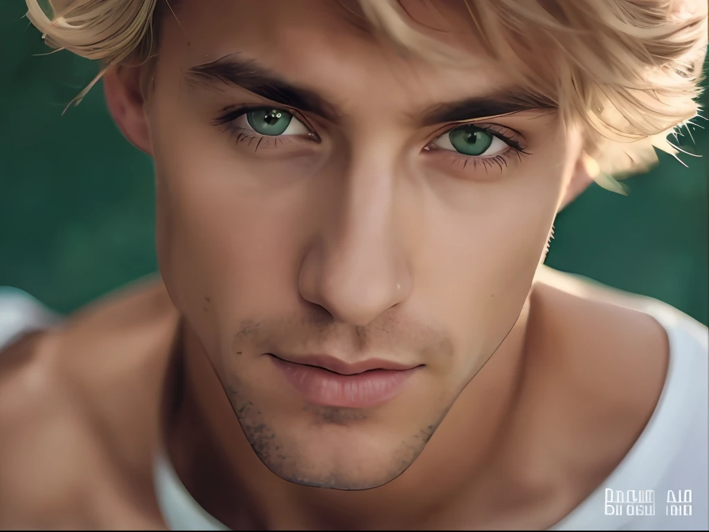 blond haired man with green eyes and a white tank top, blond hair green eyes, clear green eyes, with stunning green eyes, with green eyes, green eyes fine face pretty face, accurate green eyes, green eyes, with deep green eyes, lovely green eyes, soft portrait shot 8 k, dreamy green eyes, piercing green eyes, bright accurate green eyes