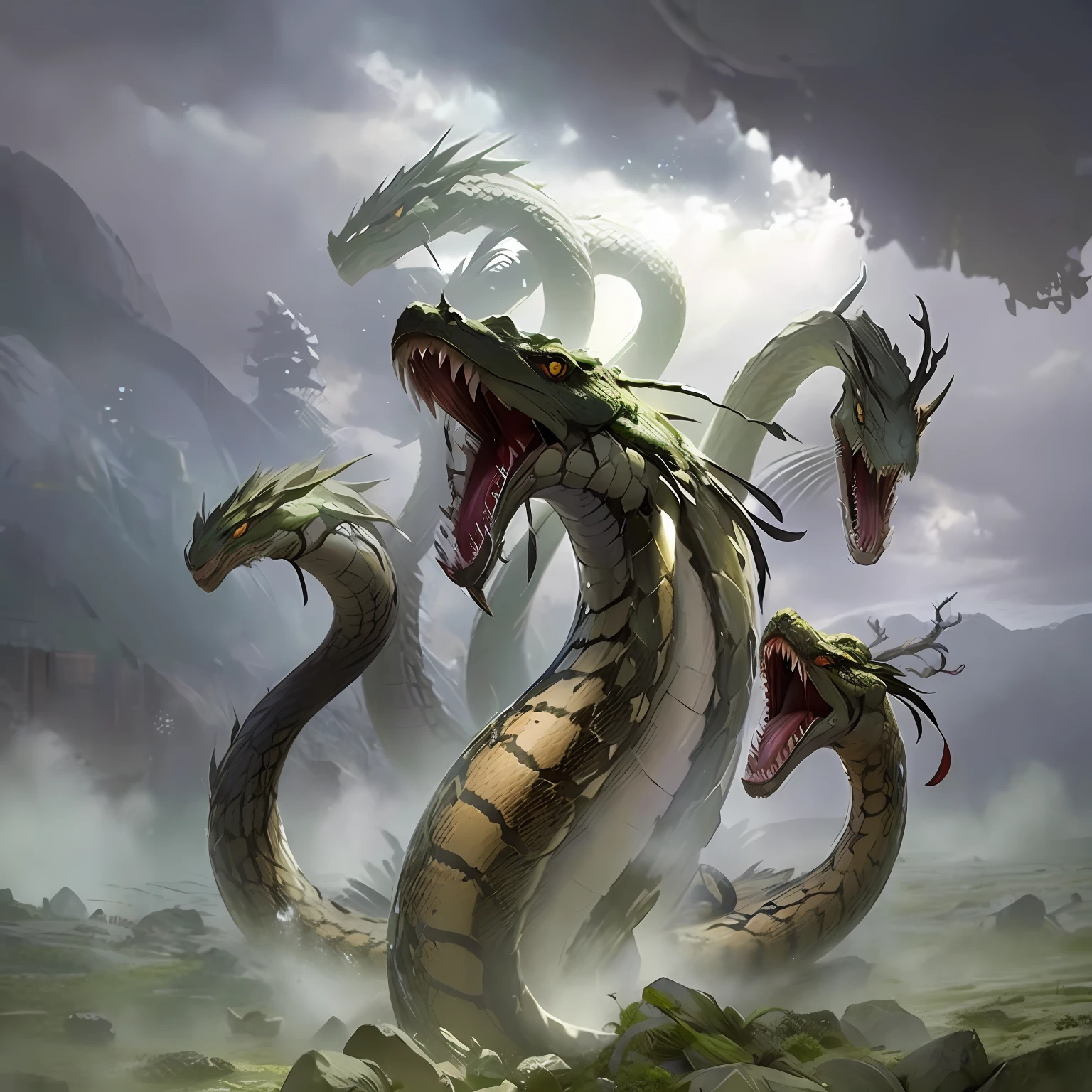 Soyanagi，Hydra，(((9 snake heads))),,(((Giant snake with 9 heads))),Lizard body，Scales all over the body，Open your mouth，best qualityer,tmasterpiece,超高分辨率,finely detailled,Complicated details,8K分辨率,8KUCG wallpaper,hdr,Cinematic lighting effects,lightand shade contrast，Ray traching、NVIDIA RTX