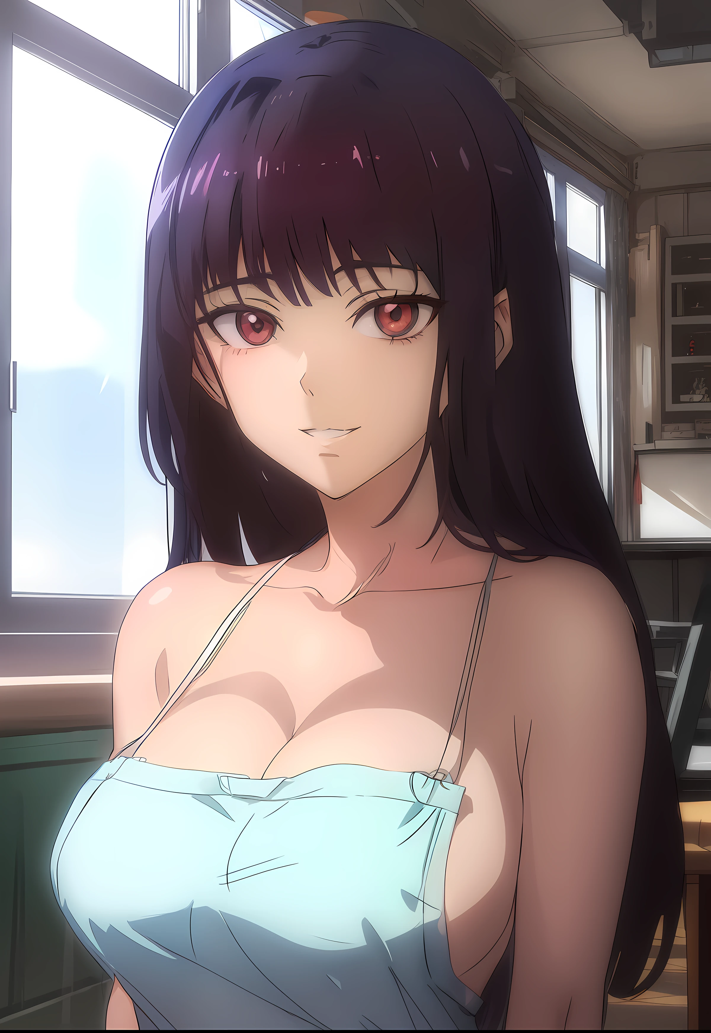 a woman in a blue dress with red eyes standing in front of a window, menina anime sedutora, anime moe artstyle, menina anime atraente, anime melhor garota, sorriso sensual, biomechanical oppai, Ilya Kuvshinov com cabelo longo, hinata hyuga, mulher bonita sedutora do anime, Anime Waifu, pintado em anime painter studio