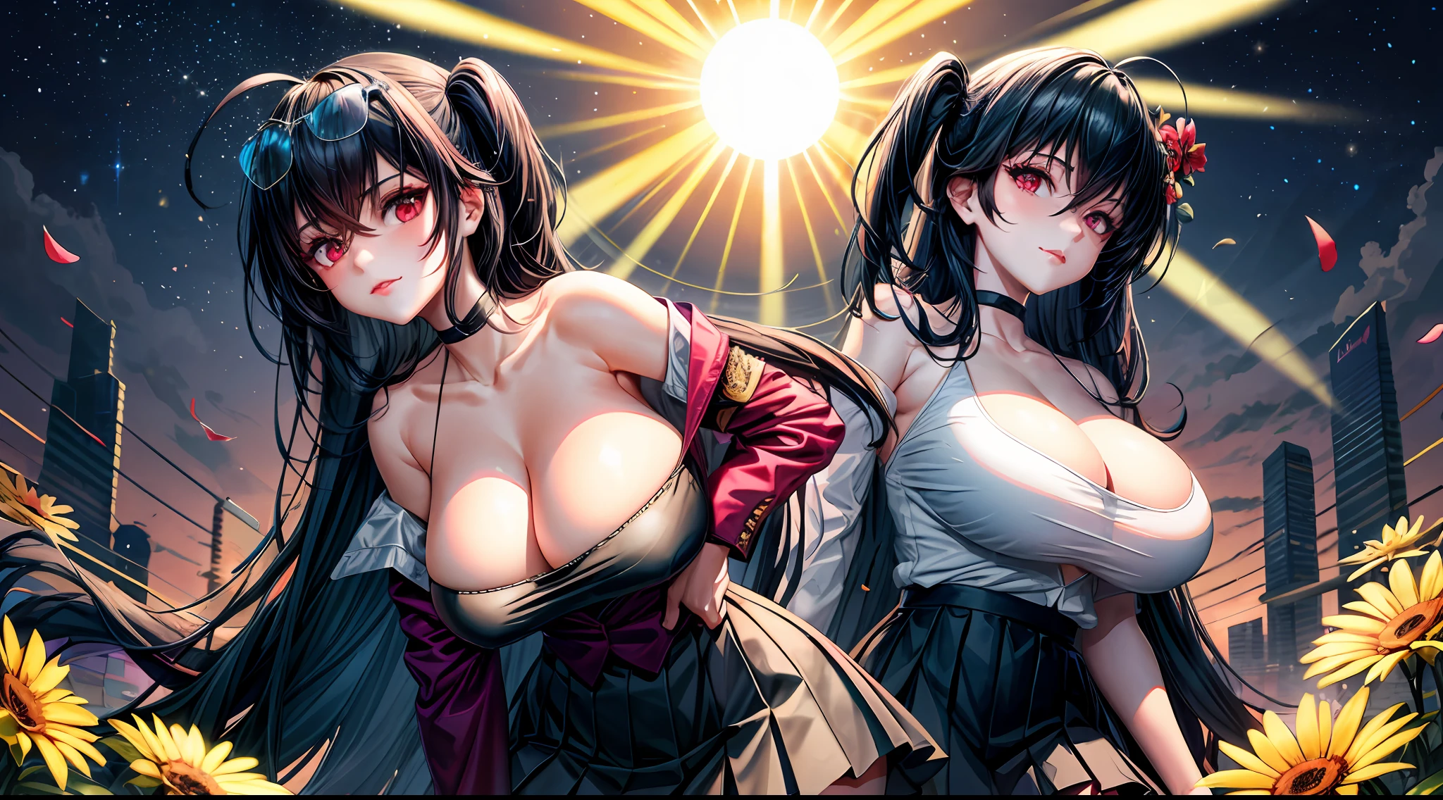 realisticlying,2girls,Black hair,Purple eye,glowing light eyes,Cut the top,a skirt,parted lip,Be red in the face,the night,fresh flowers,suns,rays of sunshine,Huge breasts,Blush,