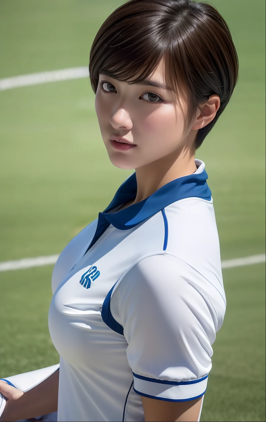 Short-cut hairstyles、(masterpiece、top-quality:1.3)、(Ultra Detailed 8K CG:1.2)、(A hyper-realistic:1.35)、(Photorealsitic:1.45)、(realisitic:1.4)、(athletic field:1.3)、Sexy Athletics Uniform、1 beautiful Japanese girl、22year old、super model、a gorgeous、Japanese ido、__expression__、(Large curvy Breasts)、reflective light、medium shot