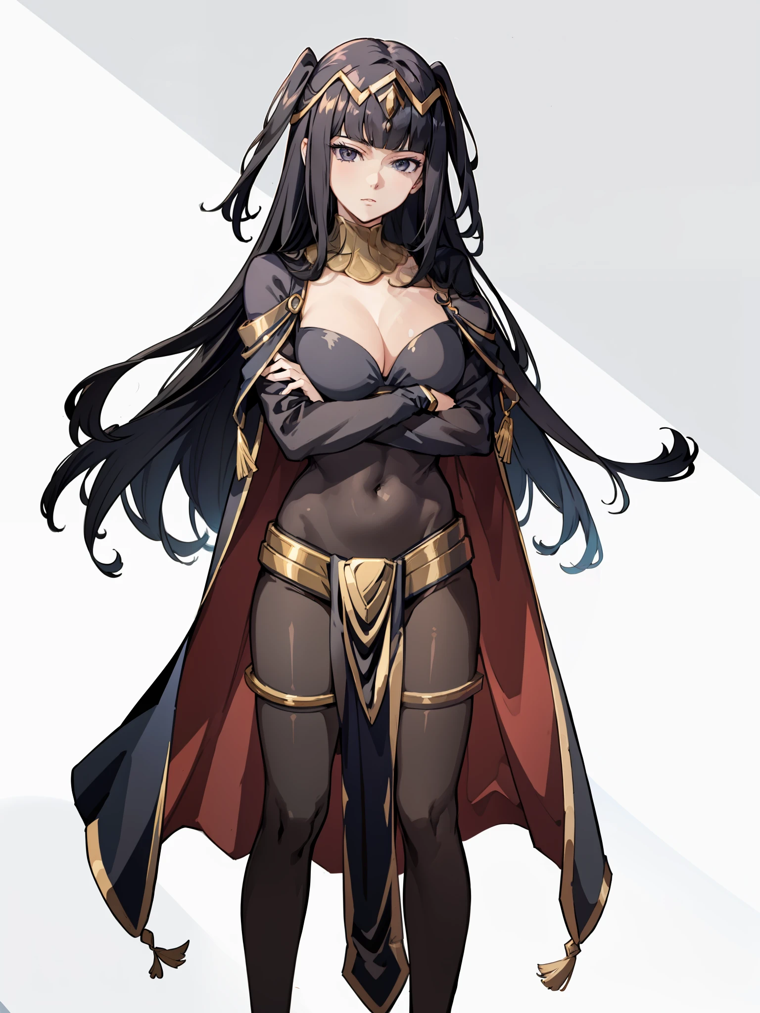 ((masterpiece)), (((best quality))), 1girl, anime, illustration, beautiful girl, 1girl, tharja, tiara, full bodysuit, cape, loincloth, black leggings, perfect face, looking amused, arms crossed holding book, standing in a white background, looking at camera, replace with bra