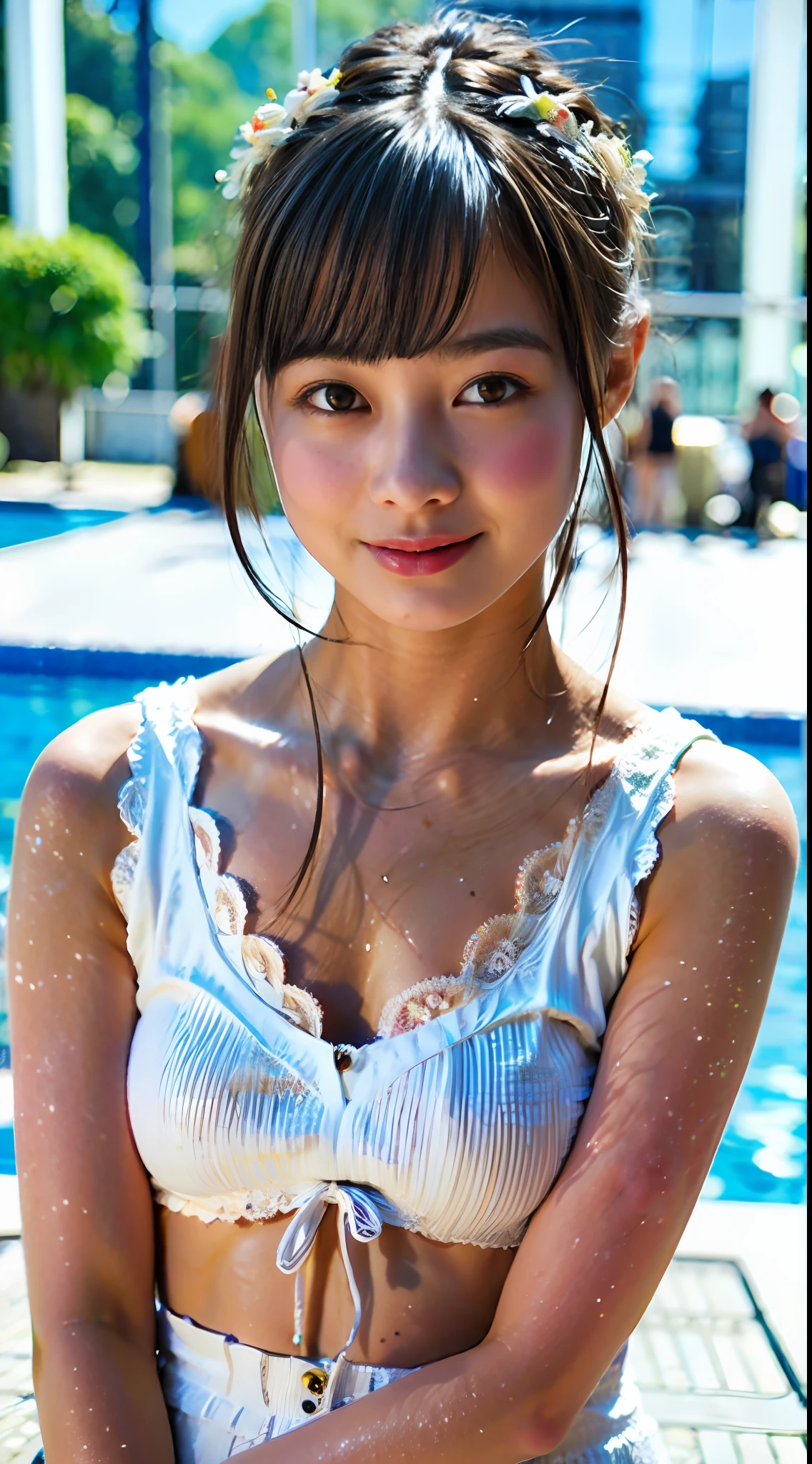 top-quality、​masterpiece、超A high resolution、(Photorealsitic:1.4)、Raw photo、1 beautiful woman、A slender、Dark hair、glowy skin、Dramatic Writing、full body Esbian、maikurobikini、Sexy Shots、Cute、during daytime、with light glowing、in poolside、A smile、swim wears、Cute、Slender body、Super thin face、Medium size big,、A smile、Ultra-detailed face、ultradetailed eyes、hyperdetailed lips、Ultra white shiny skin
