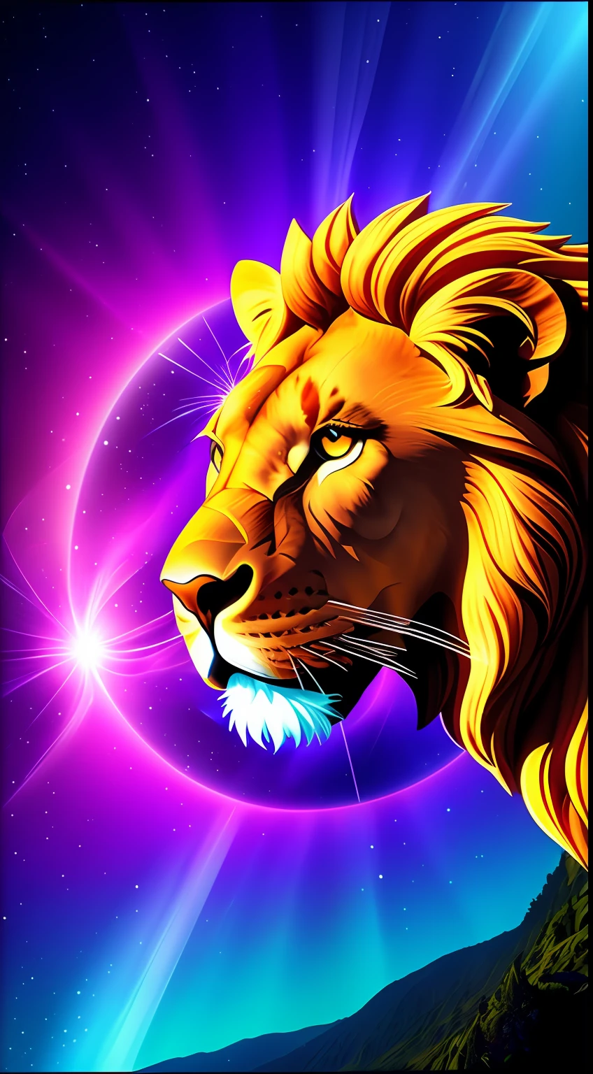 absurd, ultra detailed, Create an image using a prism effect, with light refraction and creating a colorful and kaleidoscopic appearance. Create an image with fisheye lens effect, capturing a wide field of view with a distinct, curved perspective. BREAK , Capture of an imposing lion style Greek sculpture, with a beautiful nebula in the colors baby blue and purple, conveying a sense of tranquility and natural beauty. BREAK , Illustrate a monochromatic world, convey depth, emotion and a stunning visual impact.