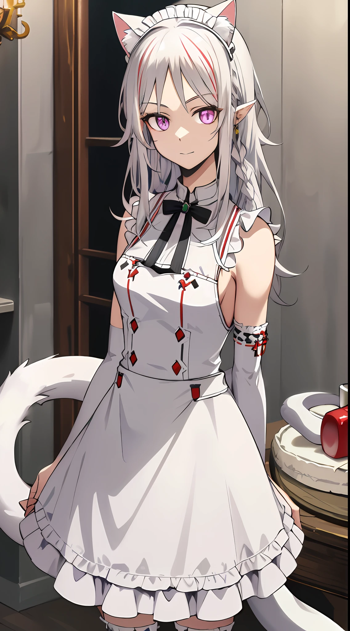 (Need), Cat girl, adolable, (White-colored skin, Long silver hair, silver fur, fluffy cat ears), Detailed eyes, Heterochromatic, Exquisite maid attire, Behind the arm, cowboy lens, Inside the, Detailed room background