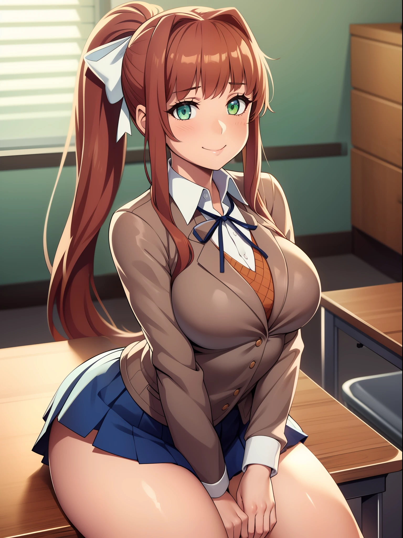 (((kipteitei art))), Masterpiece, high quality, best quality, beautiful, HD, perfect lighting, detailed face, detailed body, ultra cute face, ((1girl)), ((solo)), Monika, green eyes, very long hair, ponytail, white bow, school uniform, blazer, brown sweater, collared shirt, neck ribbon, blue skirt, school classroom, looking at viewer, cowboy shot, seductive smile, blush, affectionate, in love with viewer, 4th wall break, cute pose, medium breasts, perky breasts, (wide hips), ((thick thighs)), thicc, sitting on desk