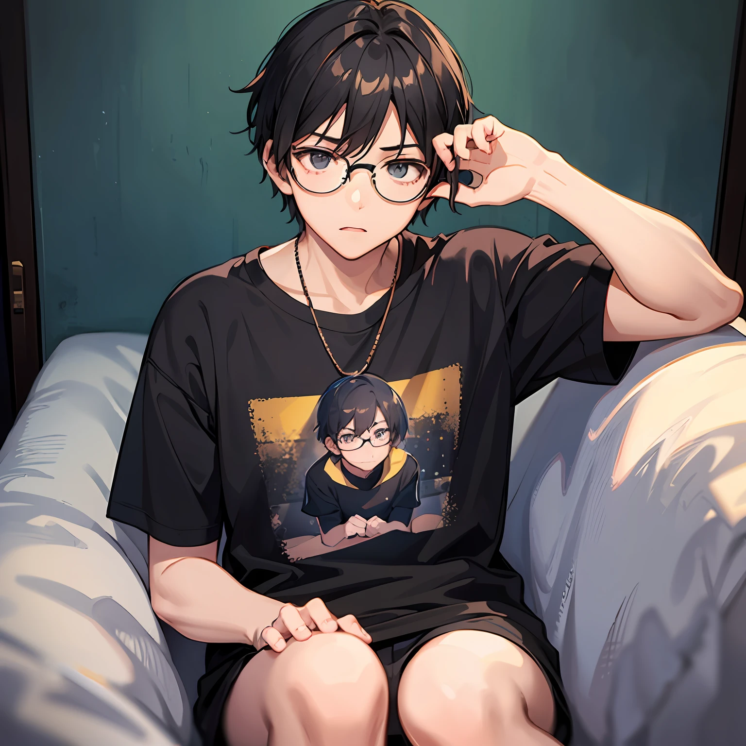 A boy a black T-shirt and glasses in the background,,Sit On the sofa,, serious expression
