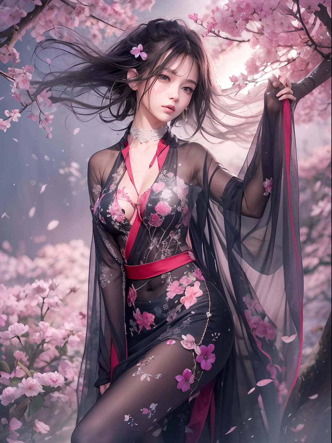 loose outfit、Show shoulders、Dark Color String Dress、How to wear a black gown、Decorated with intricate patterns and bright colors、Transparent material that makes the skin shine、Artistic depiction of seductive woman in gown with wet thin cloth and transparent skin, Floral and fantastic pattern with flowing silky traditional see-through skin。Her dress draped elegantly around her curvaceous figure、Emphasizes her charming silhouette。She's a gentle fireworks night、Dynamic Posing、Sexy Posing、bathed in the soft glow of moonlight。The scene is、With a hint of mystery and sensuality、It exudes an ethereal dreamy atmosphere。The image style is、It incorporates a blend of watercolor and digital illustration techniques.、It makes you feel delicate beauty and charm。Soft moonlit lighting、Cast gentle highlights and shadows on her mesmerizing features。Dynamic Posing、Bold poses、The hand is somewhere、see -through、show through、A sexy、Wet hair、Wet、(cherry trees、flower petals、cherryblossom、The cherry tree、Sakura Snowstorm 1.5)、buried、Transparent skin、Wet clothes、(Chest 1.2)、Navel Ejection、Swaying in the wind、Burgundy、pale red、(Slouch 1.5)、Lace color、lace choker、a choker、Lie on your back on the surface of the water、New lining、