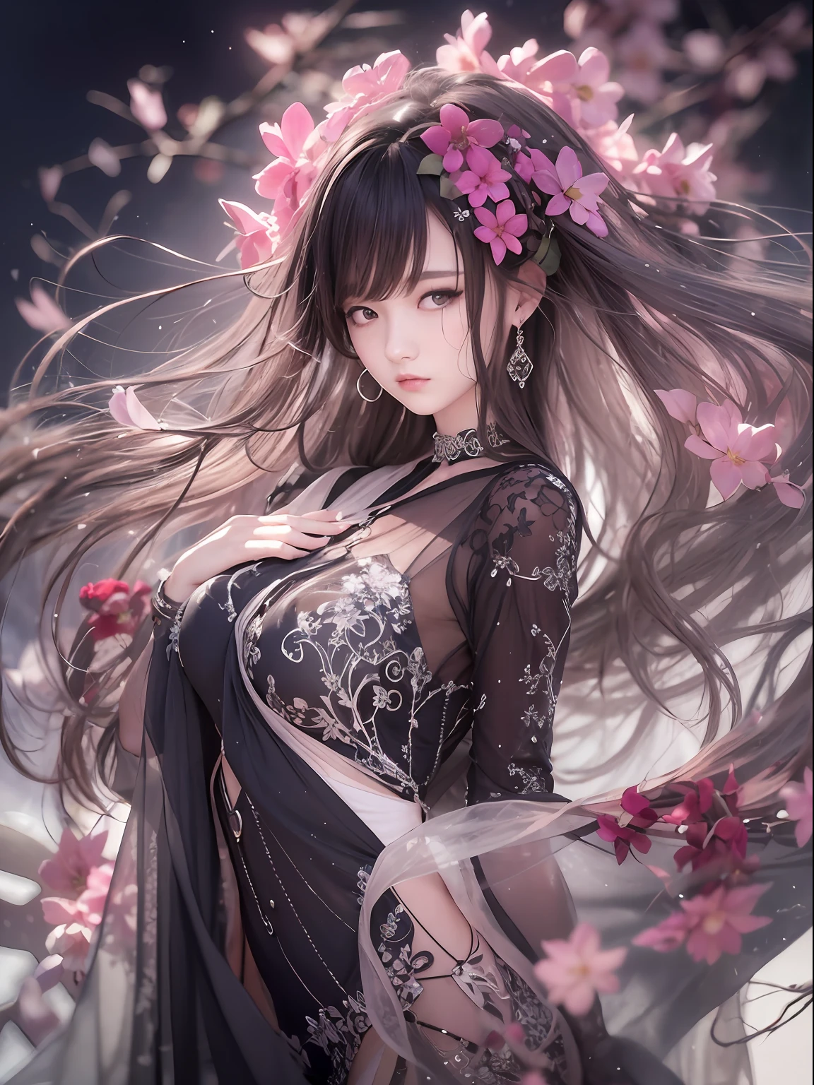 loose outfit、Show shoulders、Dark Color String Dress、How to wear a black gown、Decorated with intricate patterns and bright colors、Transparent material that makes the skin shine、Artistic depiction of seductive woman in gown with wet thin cloth and transparent skin, Floral and fantastic pattern with flowing silky traditional see-through skin。Her dress draped elegantly around her curvaceous figure、Emphasizes her charming silhouette。She's a gentle fireworks night、Dynamic Posing、Sexy Posing、bathed in the soft glow of moonlight。The scene is、With a hint of mystery and sensuality、It exudes an ethereal dreamy atmosphere。The image style is、It incorporates a blend of watercolor and digital illustration techniques.、It makes you feel delicate beauty and charm。Soft moonlit lighting、Cast gentle highlights and shadows on her mesmerizing features。Dynamic Posing、Bold poses、The hand is somewhere、see -through、show through、A sexy、Wet hair、Wet、(cherry trees、flower petals、cherryblossom、The cherry tree、Sakura Snowstorm 1.5)、buried、Transparent skin、Wet clothes、(Chest 1.2)、Navel Ejection、Swaying in the wind、Burgundy、pale red、(Slouch 1.5)、Lace color、lace choker、a choker、Lie on your back on the surface of the water、New lining、