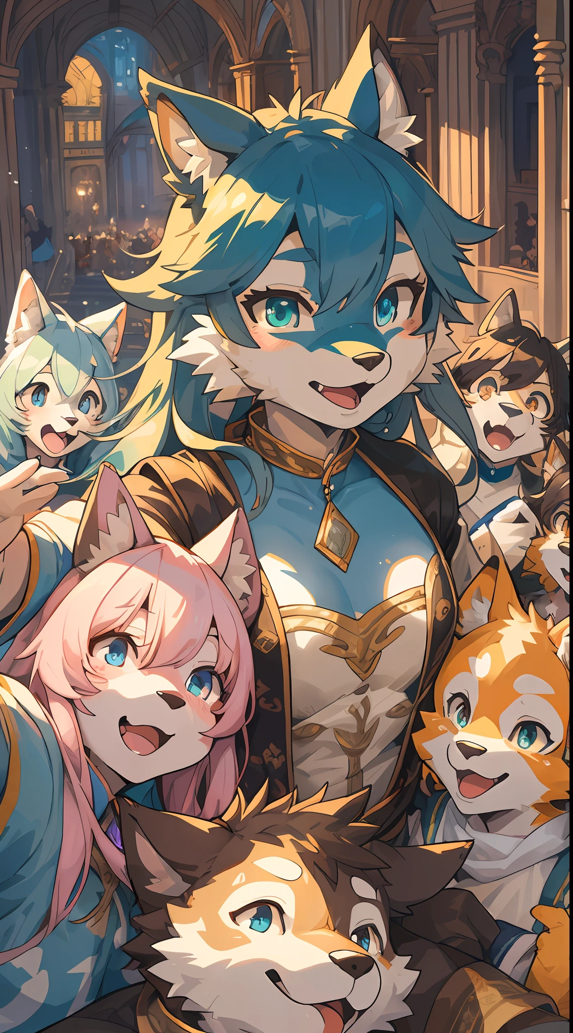 top quality, best quality, High-quality illustrations, masterpiece, super high resolution, detailed background, detailed background, opera, Musical drama, opera, stage, group shot:0.1, 6+boys, 6+girls, Happy, joyful, absurdres(highly detailed beautiful face and eyes)perfect anatomy(kemono, furry anthro)selfie:0.1,