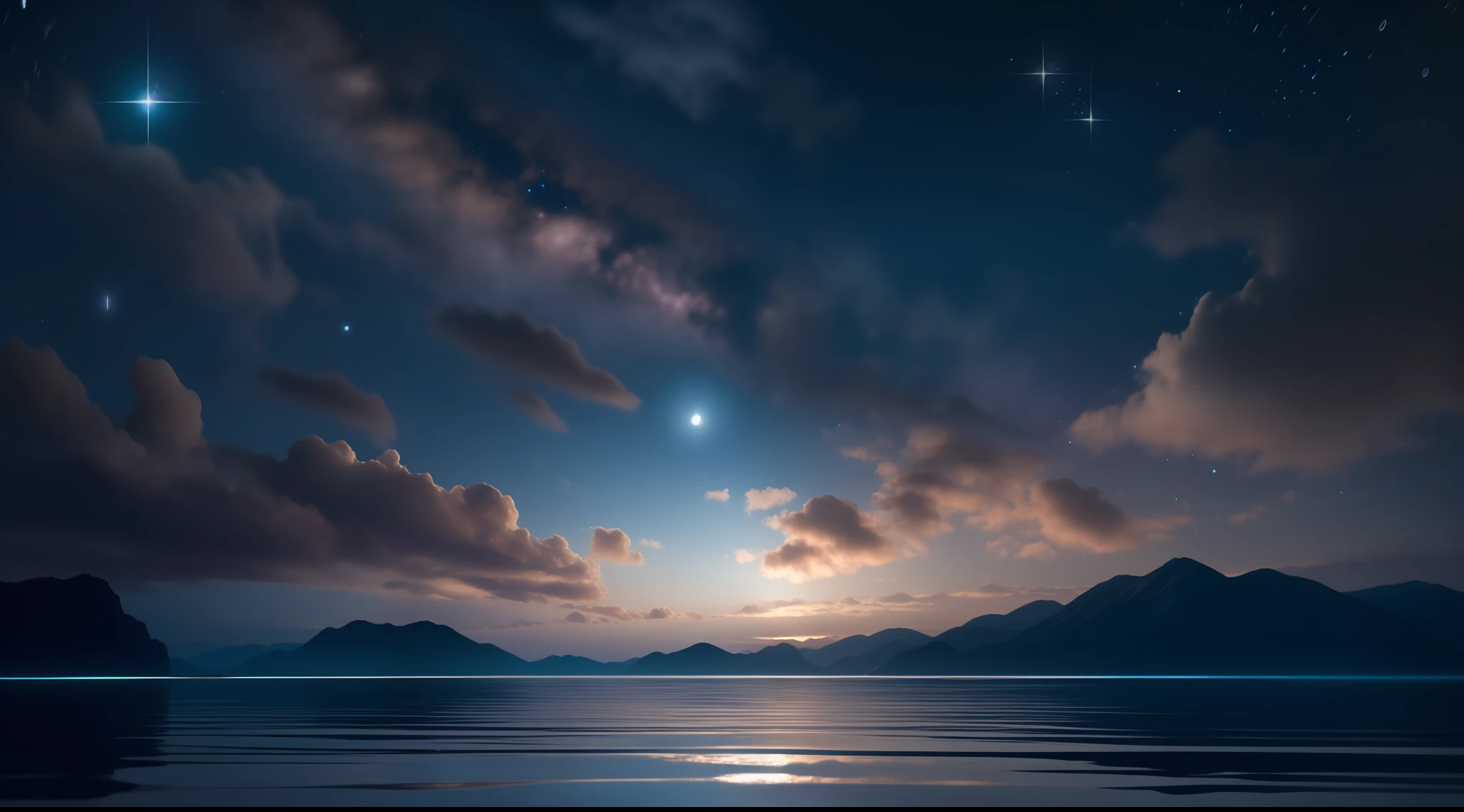 Produce sweeping ocean landscapes under a fascinating night sky。The moon and stars shine、Illuminate the sea of darkness with its fantastic light。The sea is calm、The reflection of the sparkling glow of celestial bodies、It creates a magical and mysterious atmosphere。the panorama, high details, awardwinning, Best Quality, hight resolution, 8K