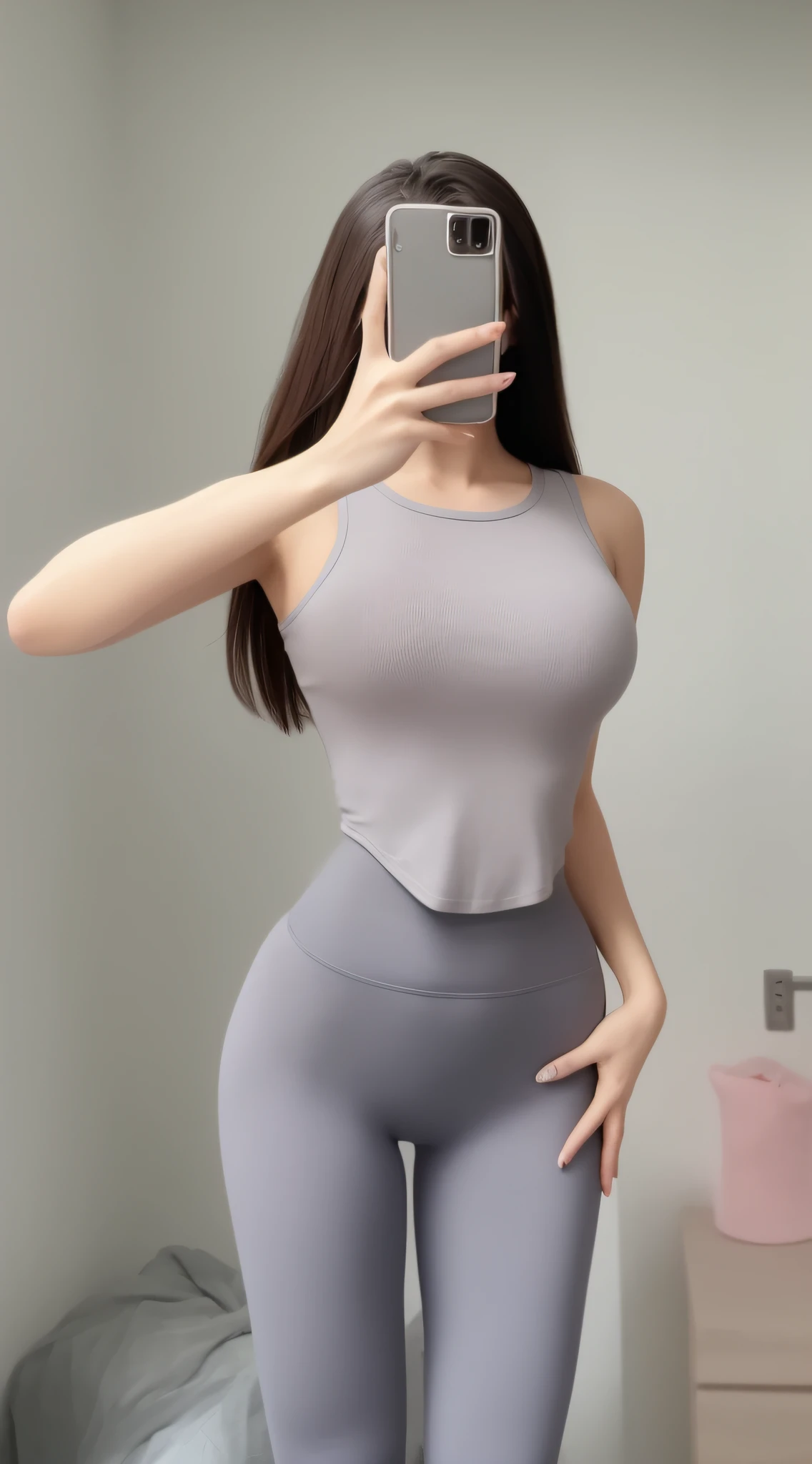 Close-up of a woman taking a selfie in a room, wearing tight simple clothes, violet tight tanktop, thicc, tight fitted tank top, wearing tight shirt, blue tight t-shirt, tight costume, wearing a vest, Tight shirt, fit dainty figure, two piece workout clothes, wearing a cute top, cute sportswear