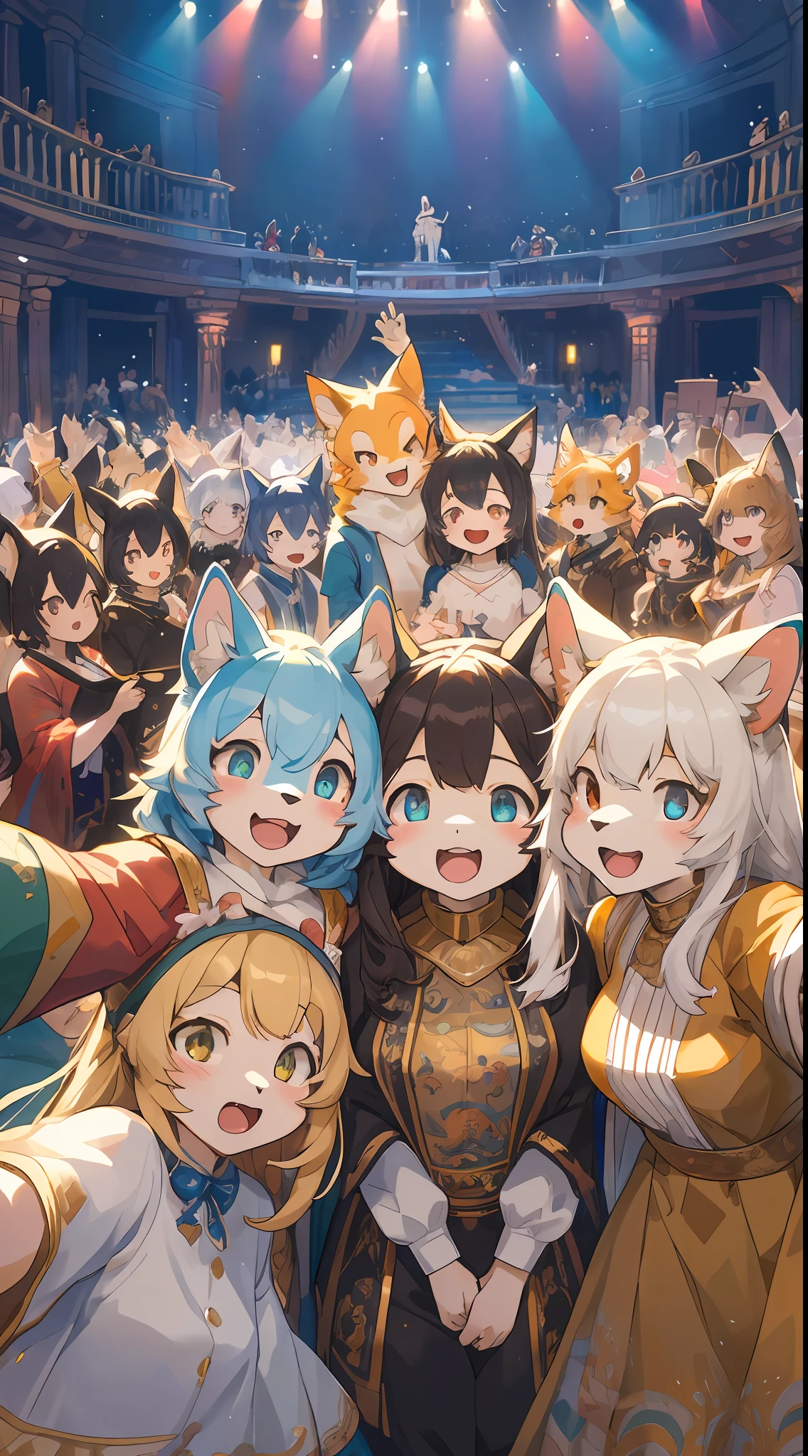 top quality, best quality, High-quality illustrations, masterpiece, super high resolution, detailed background, detailed background, opera, Musical drama, opera, stage, group shot:0.1, 6+boys, 6+girls, Happy, joyful, absurdres(highly detailed beautiful face and eyes)perfect anatomy(kemono, furry anthro)selfie:0.1,