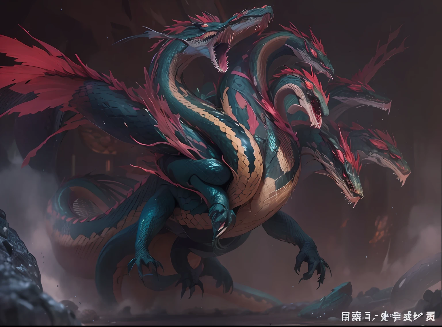 Soyanagi,Hydra,(((9 snake heads))),,(((Giant snake with 9 heads))),Lizard body,Scales all over the body,Open your mouth,best qualityer,tmasterpiece,超高分辨率,finely detailled,Complicated details,8K分辨率,8KUCG wallpaper,hdr,Cinematic lighting effects,lightand shade contrast,Ray traching、NVIDIA RTX
