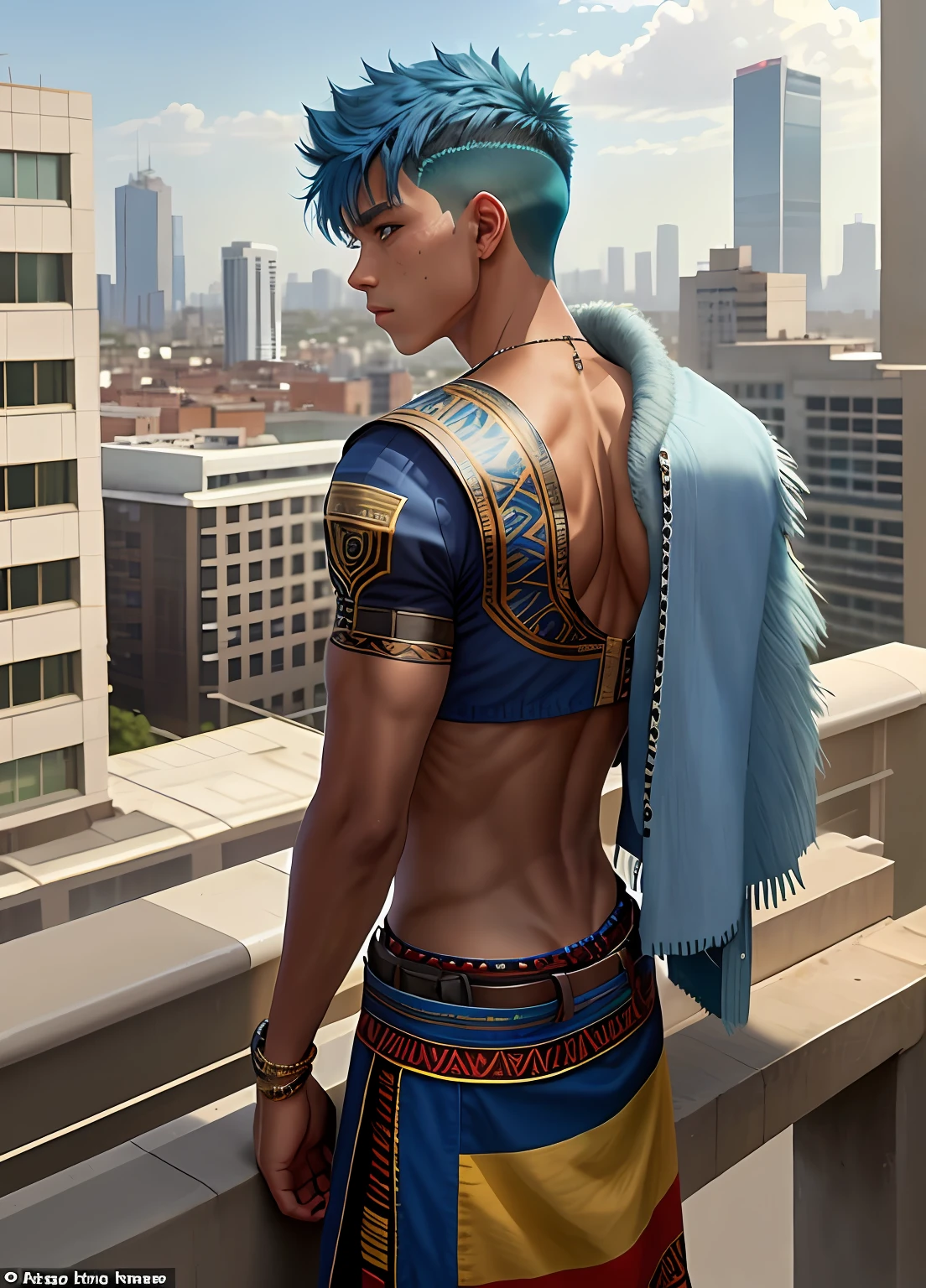 A 15-year-old boy with blue hair stands on the fifth floor on the roof of the high school looking at a city in the distance......From above he looks at a city with his back to the viewer 15-year-old man has no shirt has a naked torso his hair is straight long Latin skin copper mestizo face, tiene traje tribal africano esta en el tejado de la secundaria mirando una cercana ciudad mira con miedo pensativo, (tercer plano cuerpo completo