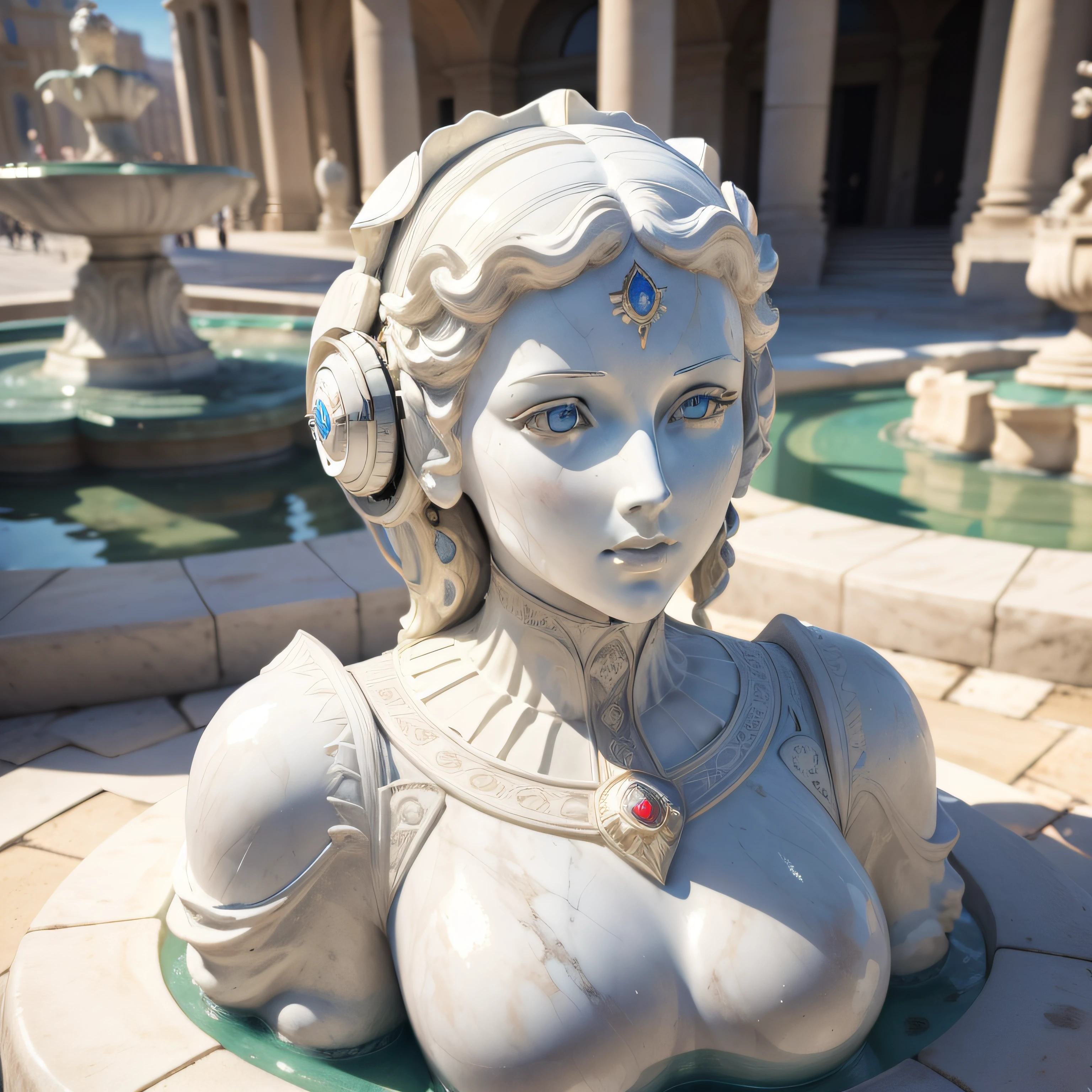 ((masterpiece)),((best quality)), 8k, high detailed, ultra-detailed,A white marble robot bust in the center of the Roman Square, 3D,robot bust,((white marble),(detailed features),(shiny surface)),Roman Square,background,((crowded),(historical buildings),(fountain),(cobblestone pavement))