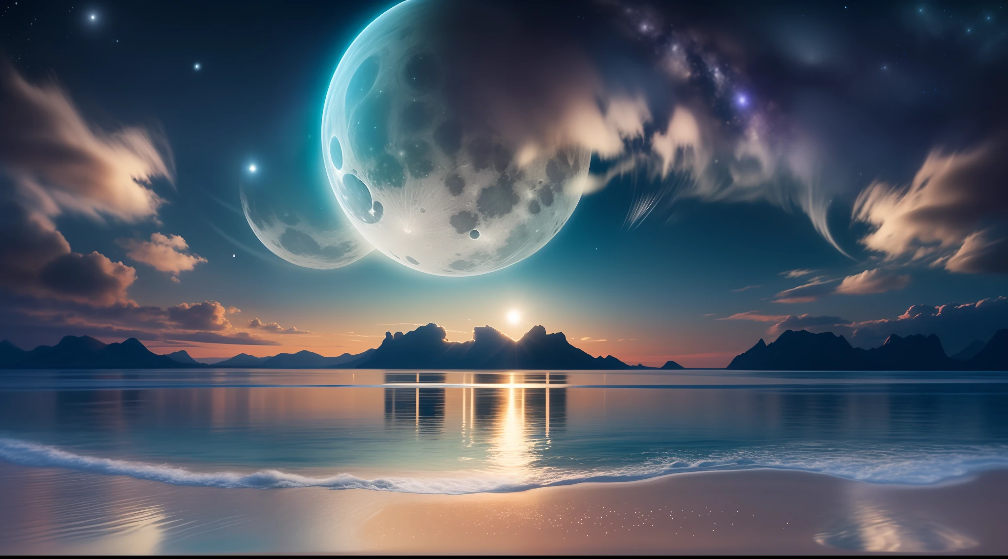 Produce sweeping ocean landscapes under a fascinating night sky。The moon and stars shine、Illuminate the sea of darkness with its fantastic light。The sea is calm、The reflection of the sparkling glow of celestial bodies、It creates a magical and mysterious atmosphere。the panorama, high details, awardwinning, Best Quality, hight resolution, 8K