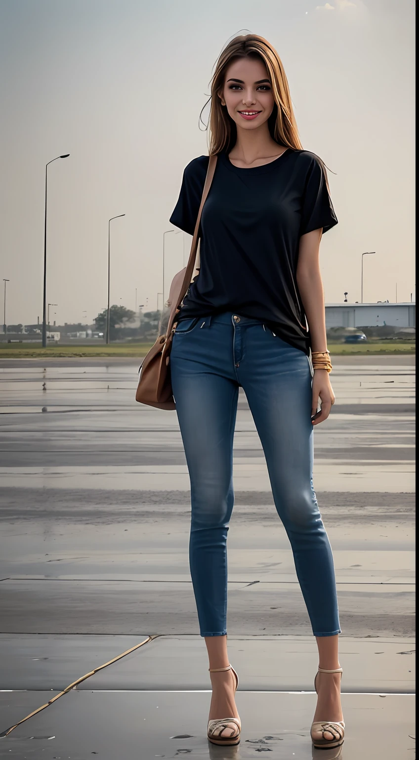((Best Quality, 8k, Masterpiece:1.3)), Focus: 1.2, Perfect Body Beauty: 1.4, front looking 1.2, (long straight hairstyle)), (Black round neck plain Baggy Tee-shirt, baggy style:1.1) , (rainy weather, Street:1.3), Baggy fitting jeans, smiling, full length skinny gray jeans: 1.1, Highly detailed face and skin texture, Detailed eyes, Double eyelids, toned body, Whitened skin, smile, black straight hair's, heels, firm breasts, looking at camera, fashion shoot style, full body length tee-shirt, Short sleeves, high heels, big earrings, hand bangle's and golden watch. Carrying brown leather hand bag, light lipstick, baggy tee-shirt, lose baggy Teeshirt , standing at Pakistan airport runway, Jinnah terminal Karachi, in background aircrafts standing, wet airport runway, in background, wet airport runway, Pakistan international airlines, PIA, wet runway, rainy atmosphere, model posing, open leg's, detailed feets and fingers, blue sky, white cloud's