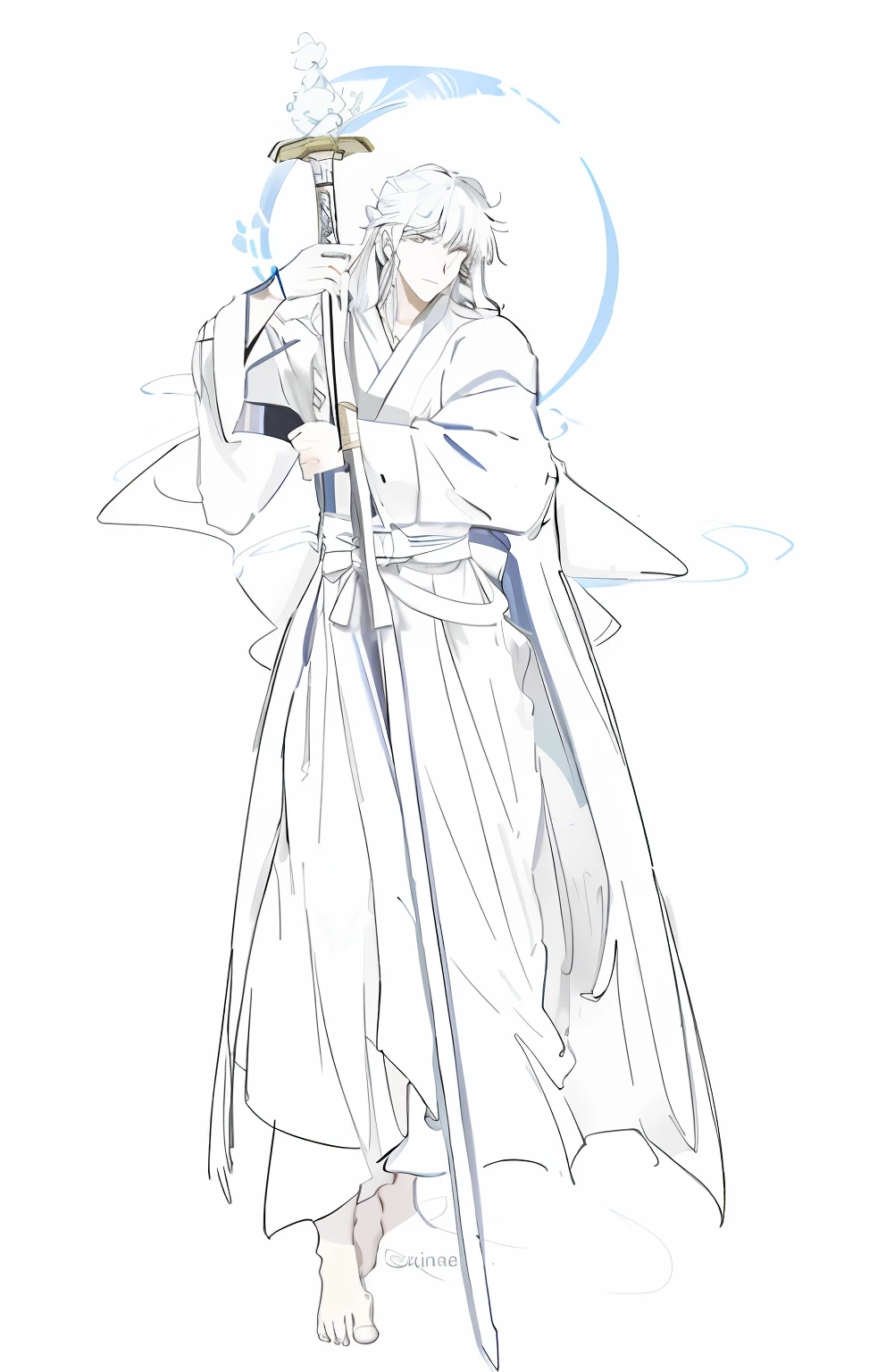 a drawing，A man in a robe holds a sword, wearing a long flowing robe, flowing white robe, flowing hair and long robes, wearing a long flowing robe, Flowing robes, flowing magical robe, flowing robe, flowing white robe, inspired by Kikuchi Yōsai, cotton cloud mage robes, ((wearing aristocrat robe)，teal hue，On color